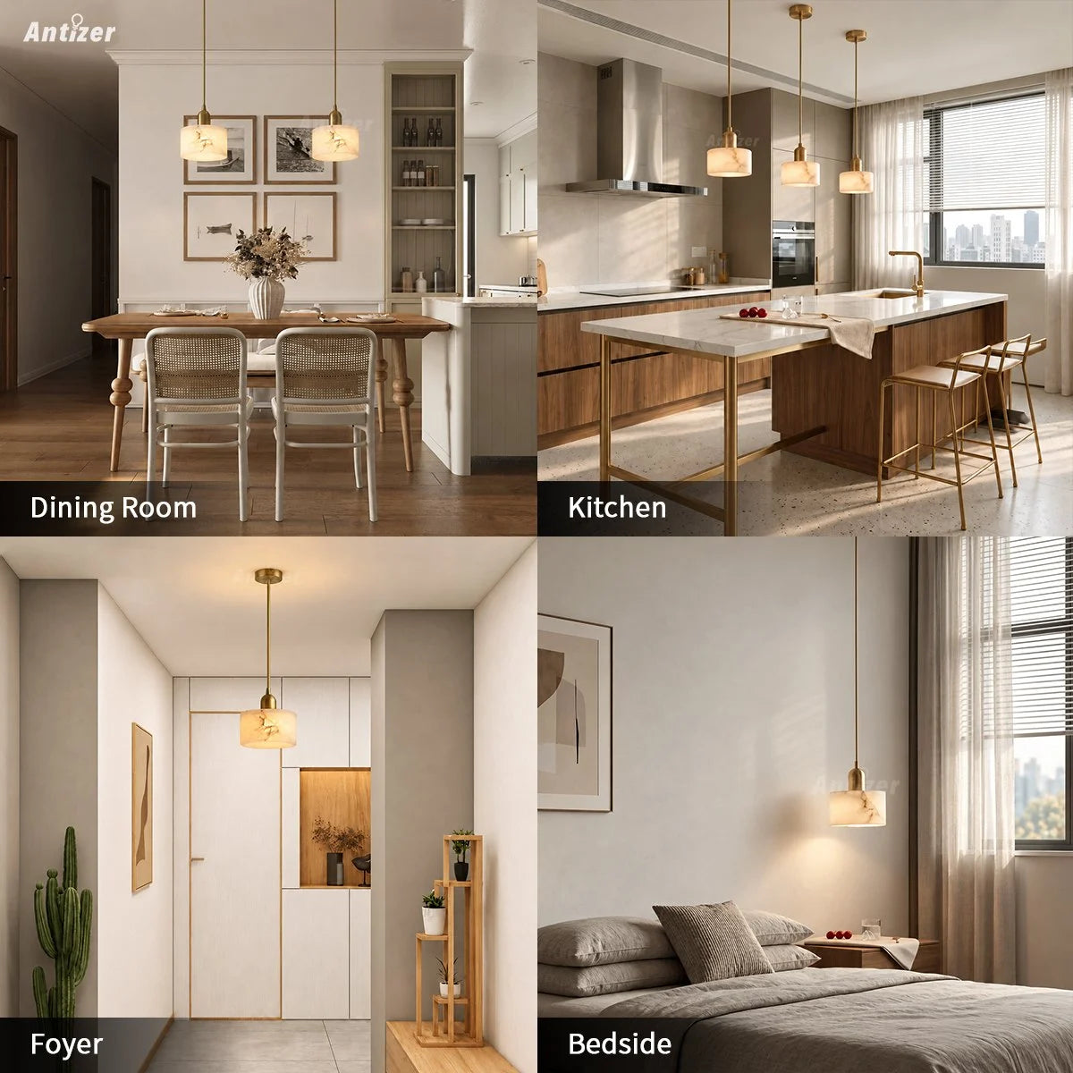 Antizer Modern Brass Alabaster Pendant Light
