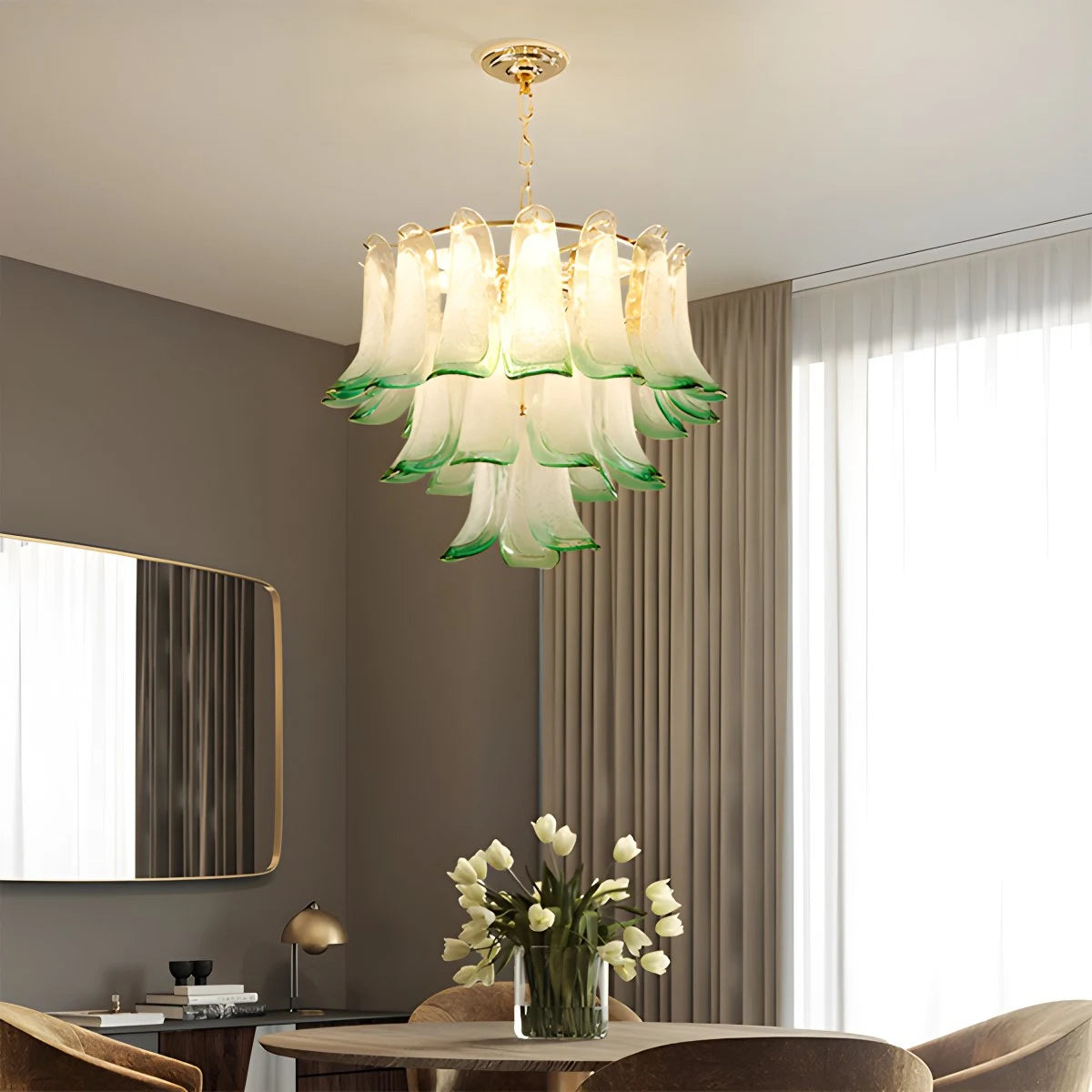 Antizer Gold Tiered Green Glass Chandelier for High Ceiling