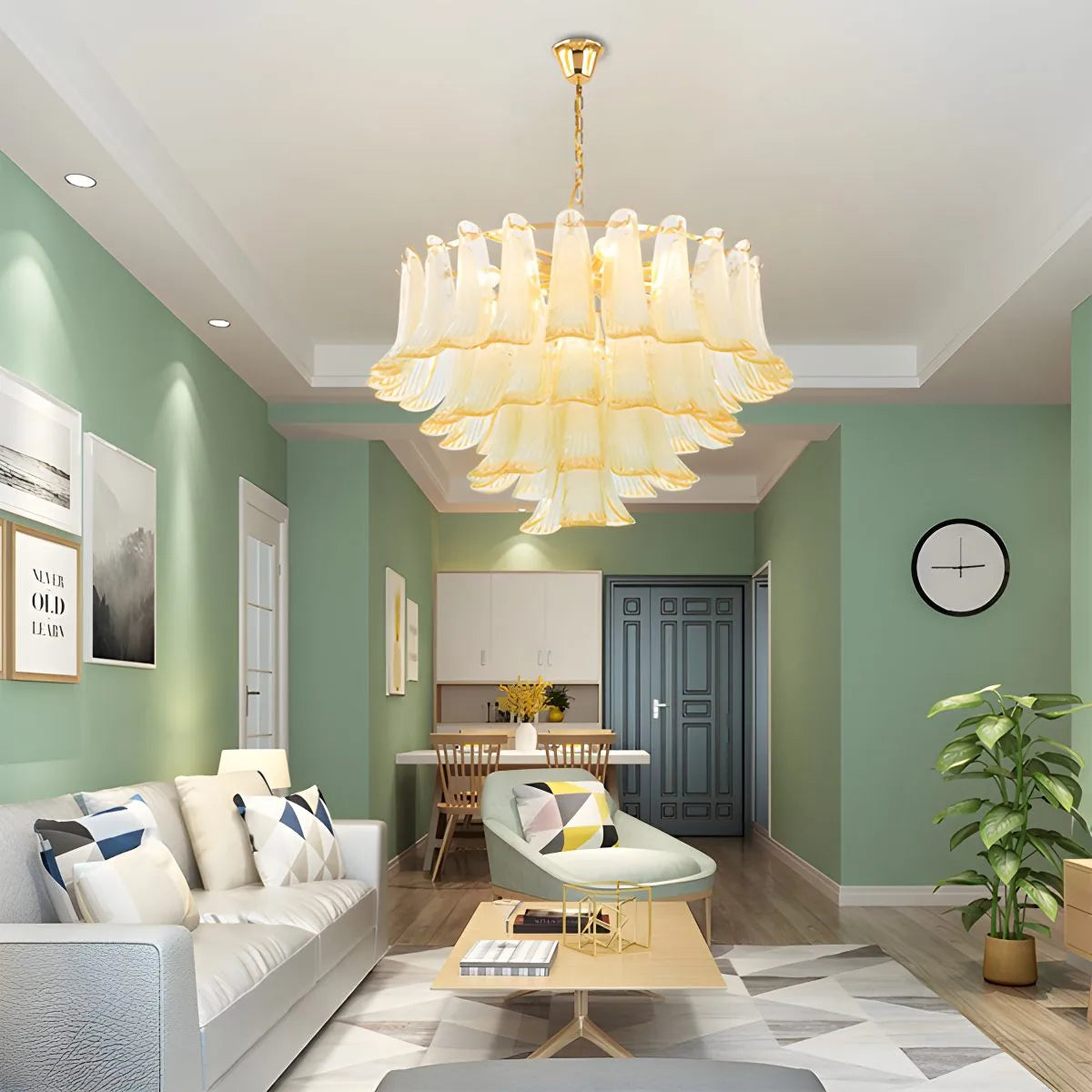 Antizer Gold Tiered Green Glass Chandelier for High Ceiling