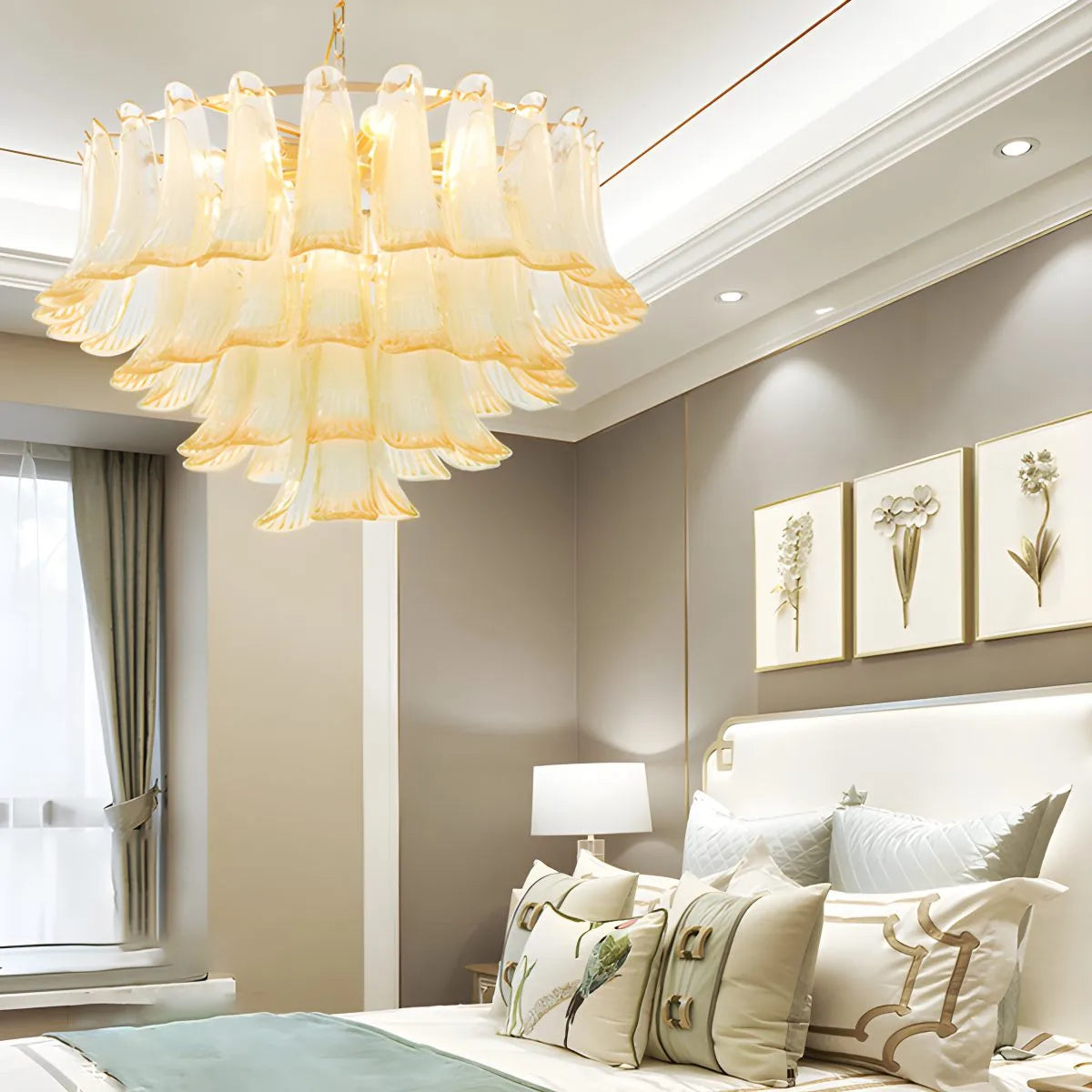 Antizer Gold Tiered Green Glass Chandelier for High Ceiling