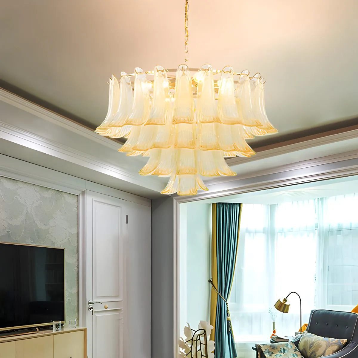 Antizer Gold Tiered Green Glass Chandelier for High Ceiling
