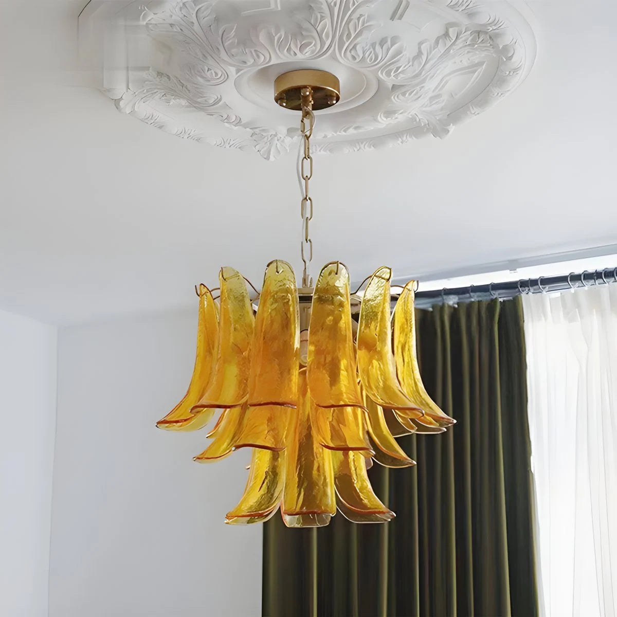 Antizer Gold Tiered Green Glass Chandelier for High Ceiling