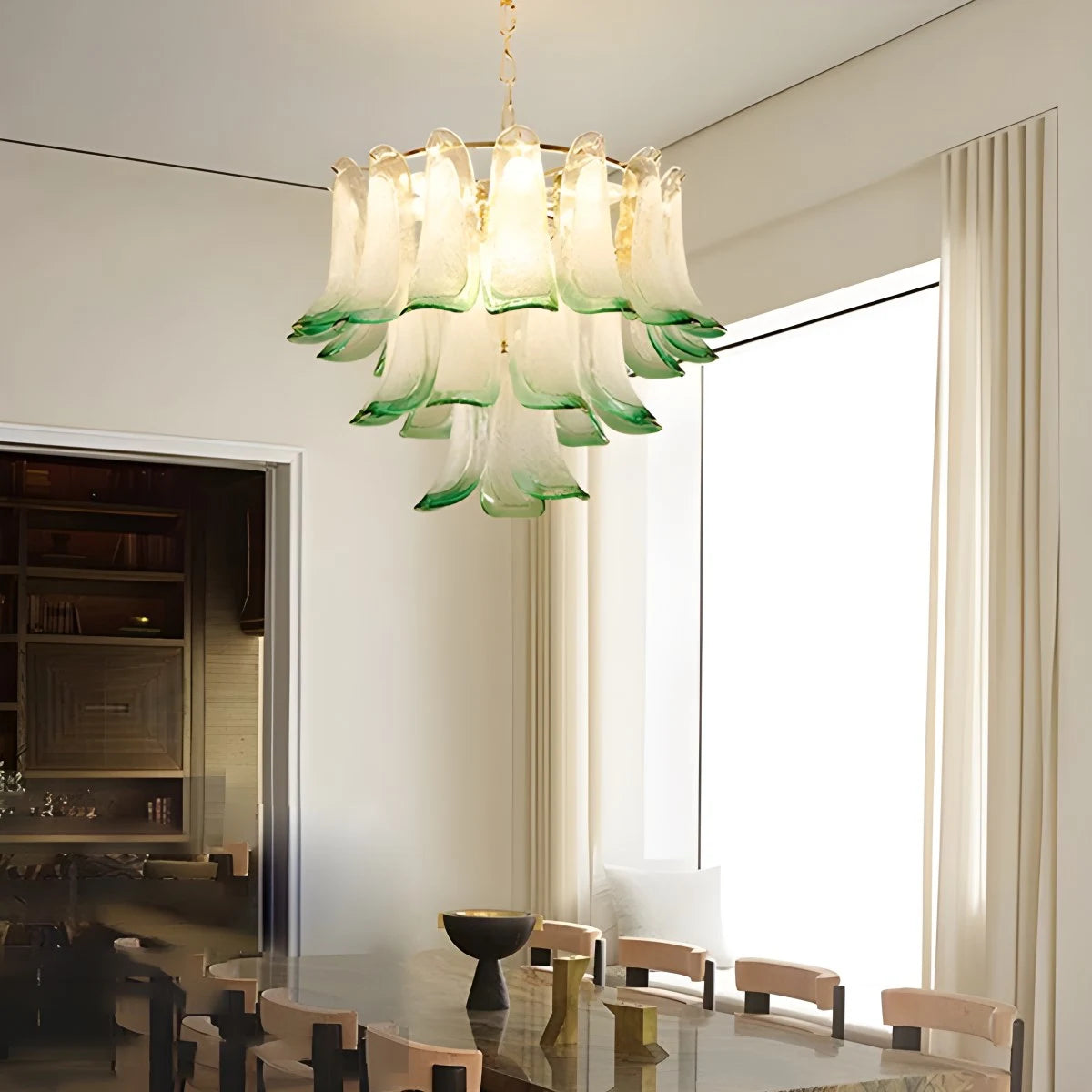 Antizer Gold Tiered Green Glass Chandelier for High Ceiling