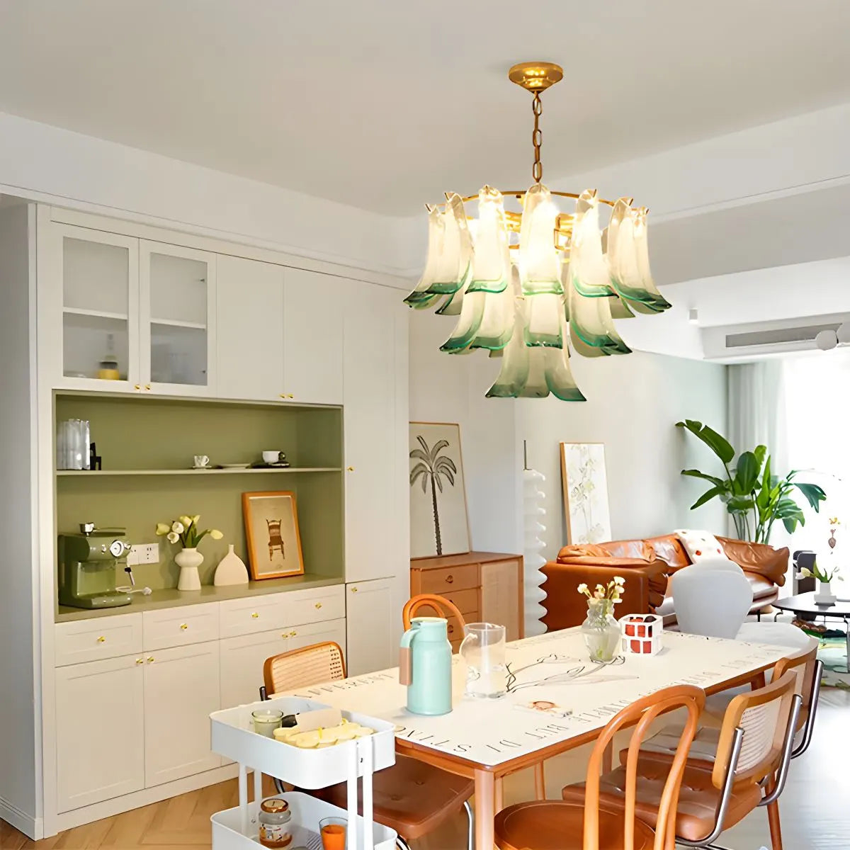Antizer Gold Tiered Green Glass Chandelier for High Ceiling