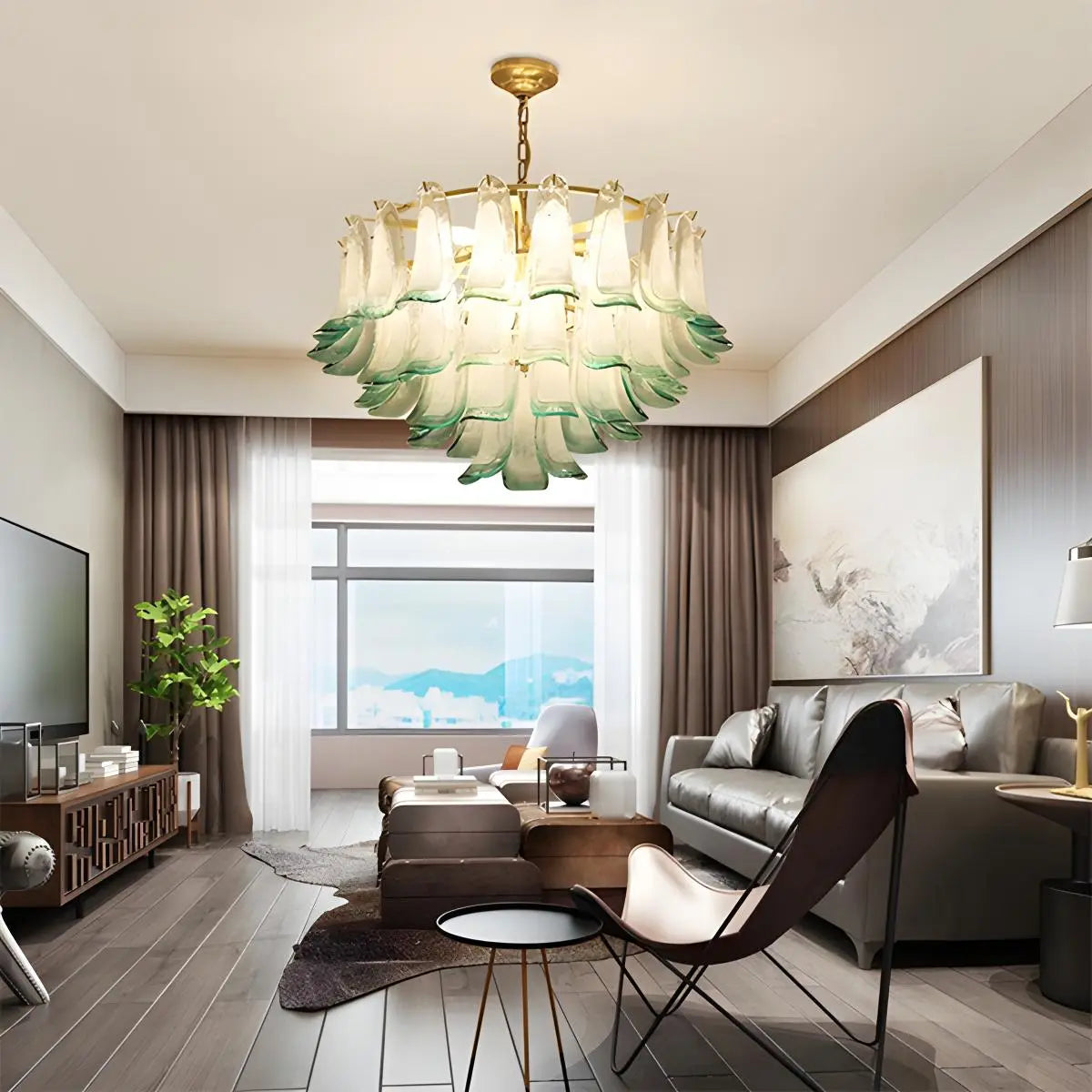 Antizer Gold Tiered Green Glass Chandelier for High Ceiling