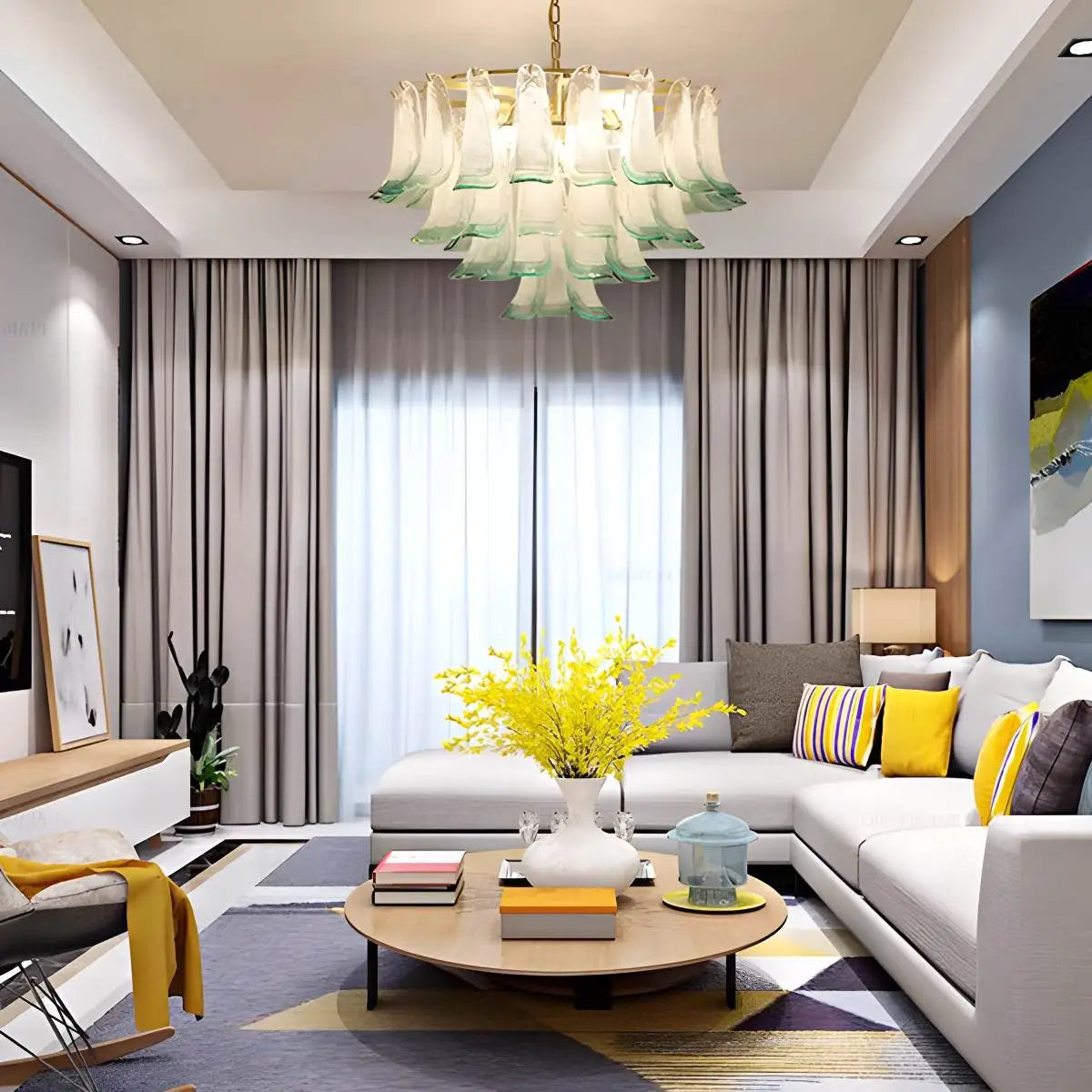Antizer Gold Tiered Green Glass Chandelier for High Ceiling
