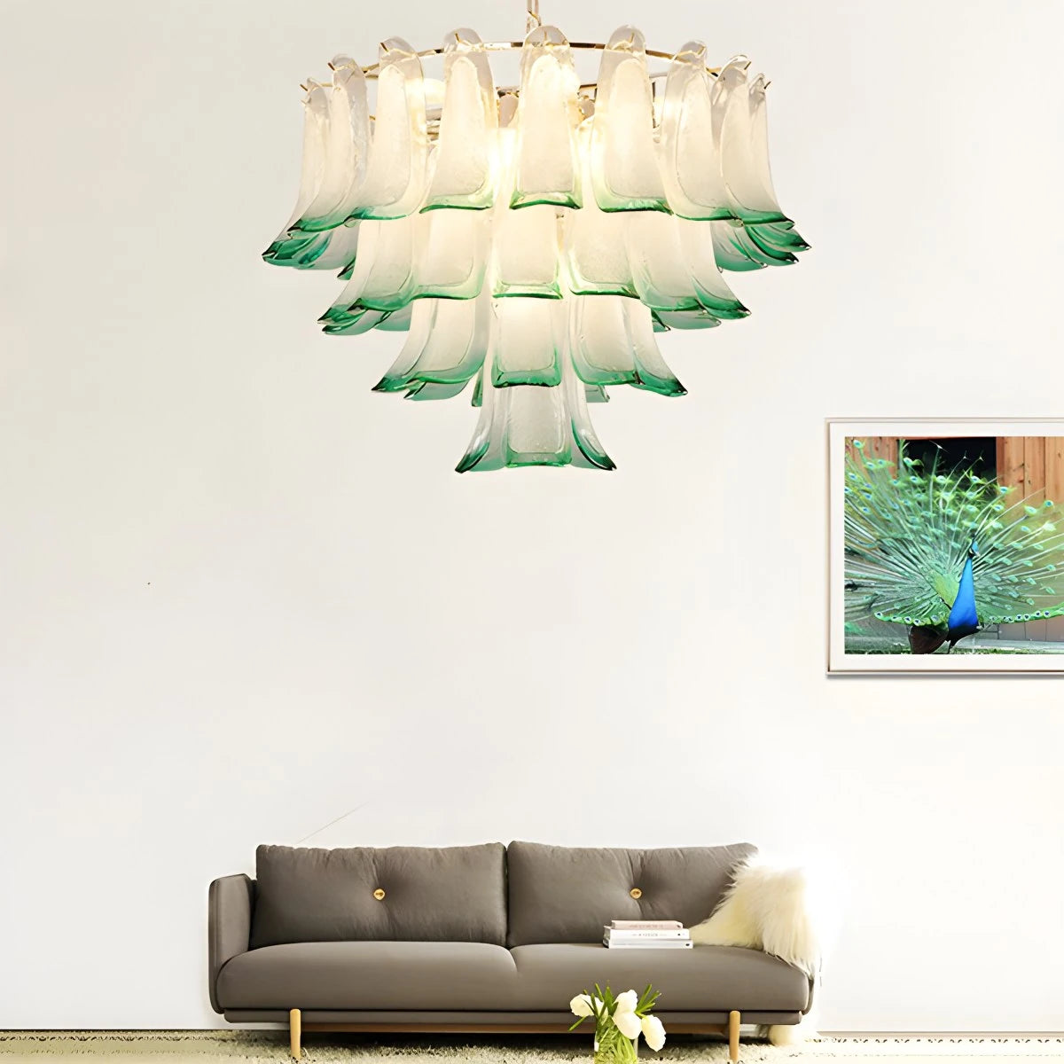 Antizer Gold Tiered Green Glass Chandelier for High Ceiling
