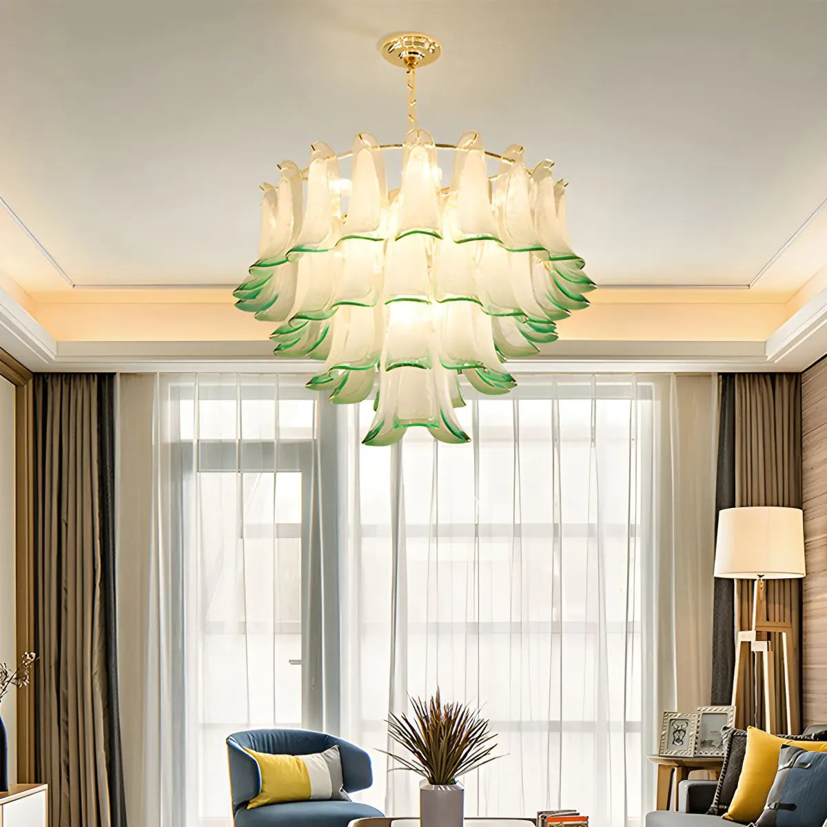 Antizer Gold Tiered Green Glass Chandelier for High Ceiling
