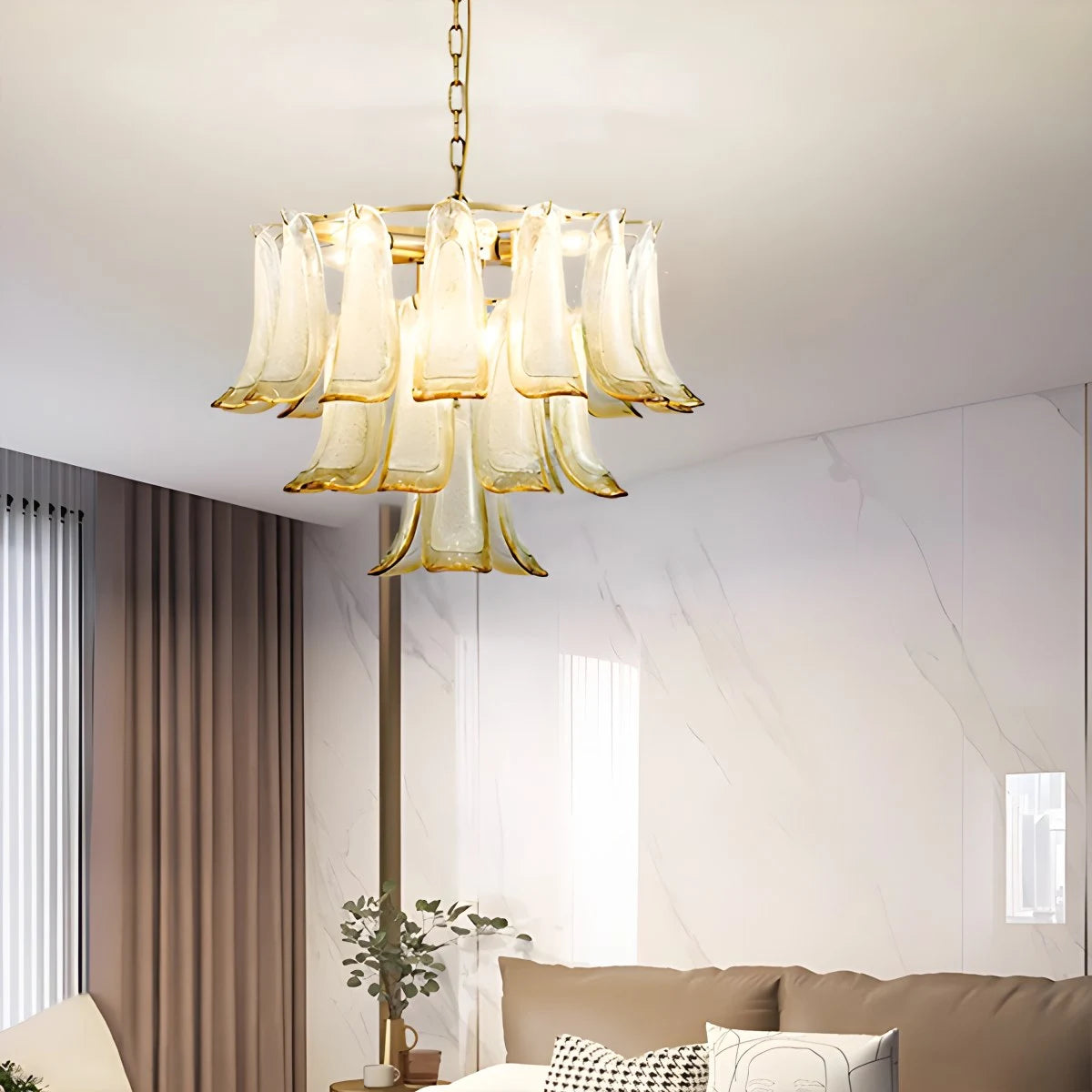 Antizer Gold Tiered Green Glass Chandelier for High Ceiling