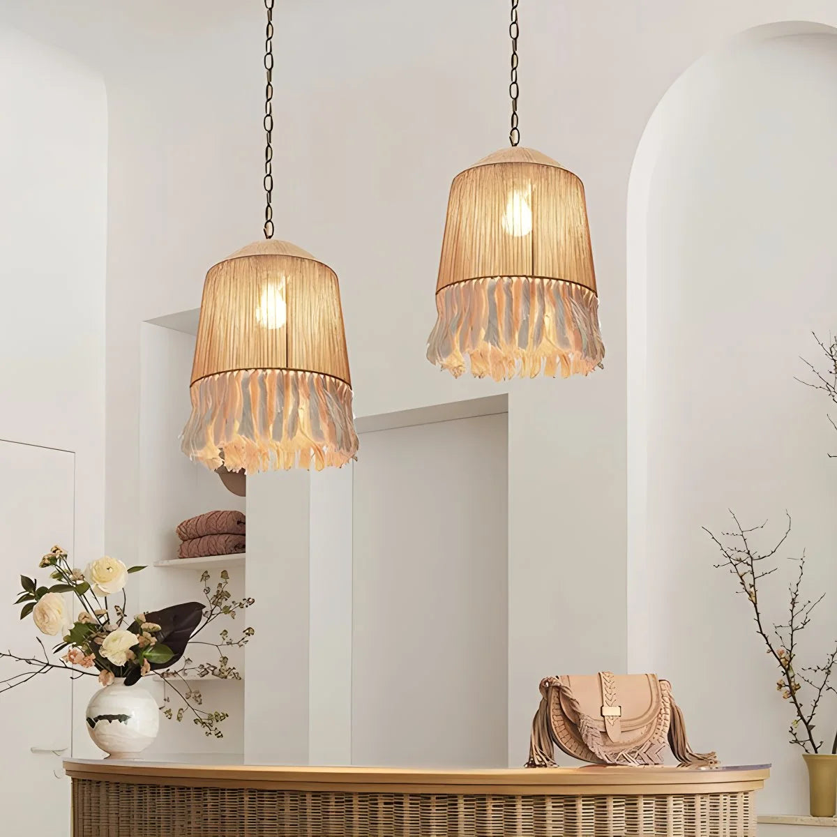 Antizer Boho Vintage Twine Fringe Pendant Light