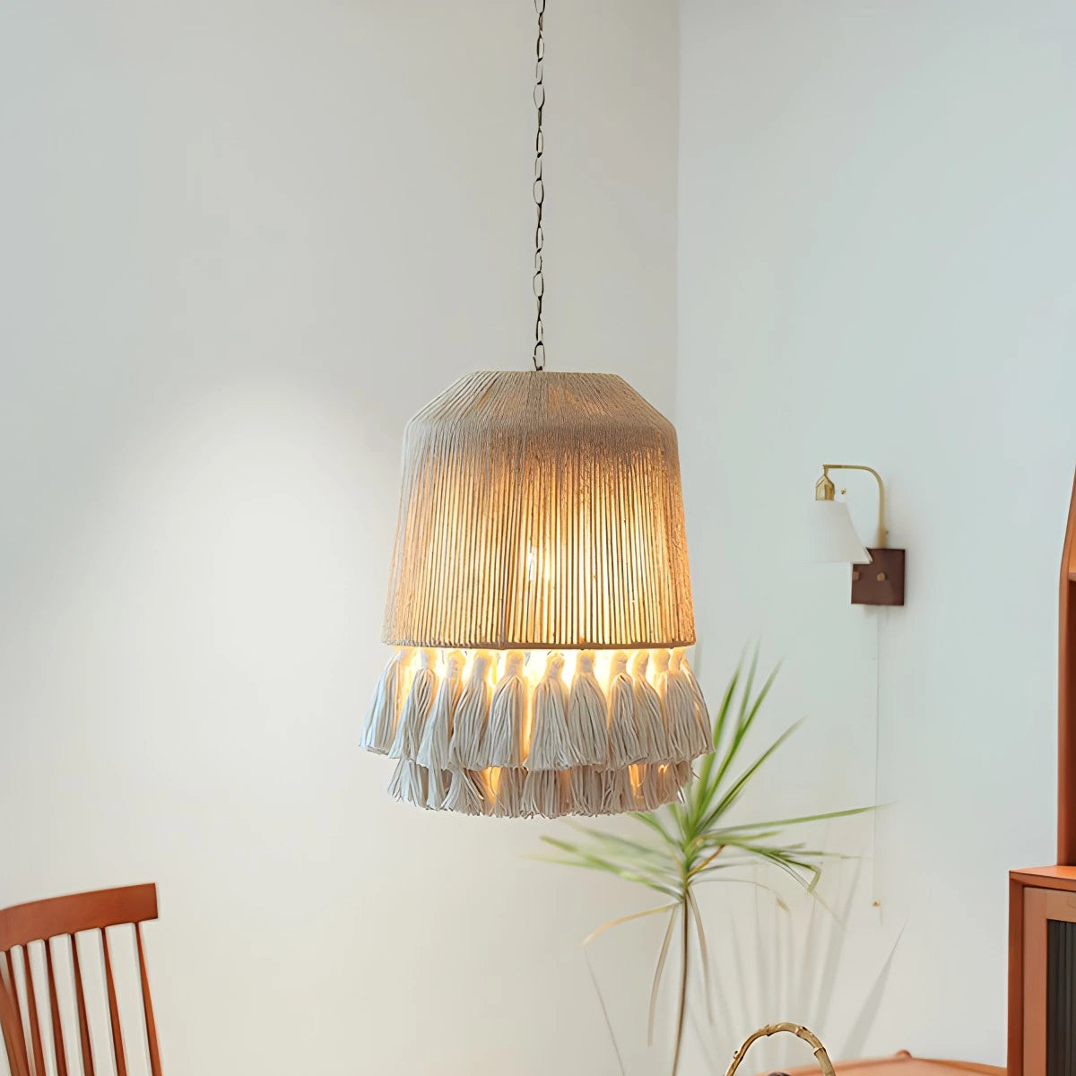 Antizer Boho Vintage Twine Fringe Pendant Light