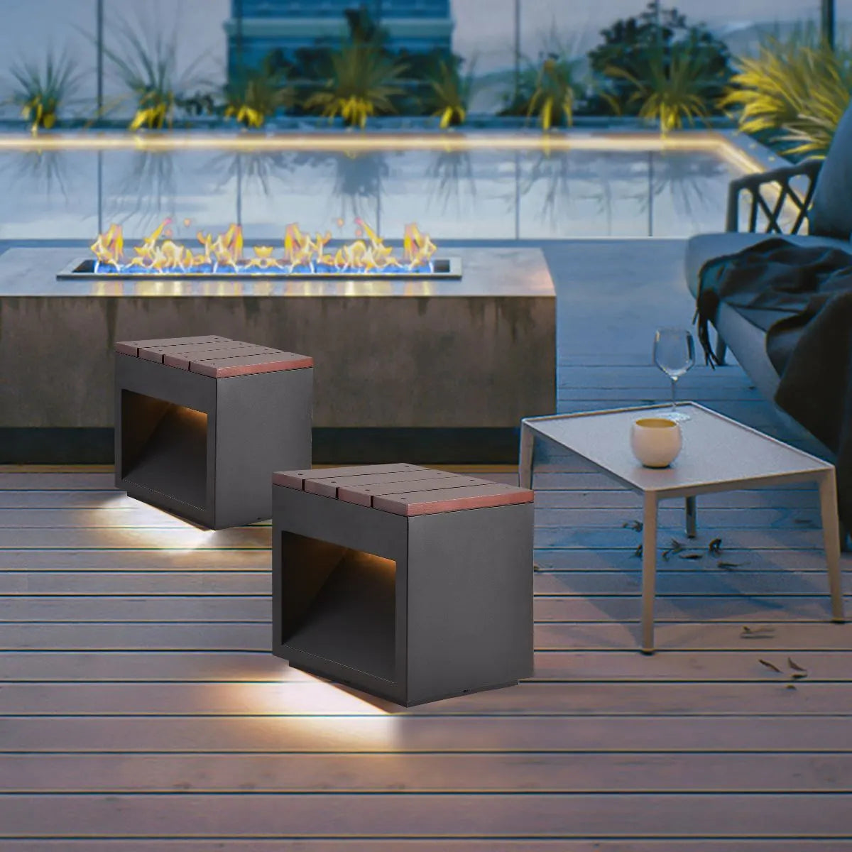 Solar Wooden Square Stool Outdoor Light