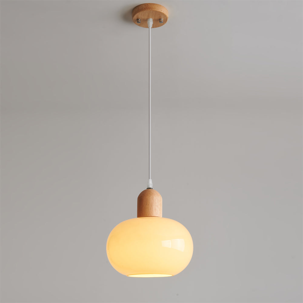 Elegant Mellow Glass Pendant Lamp: Modern Wood Accent Diffused Light Fixture