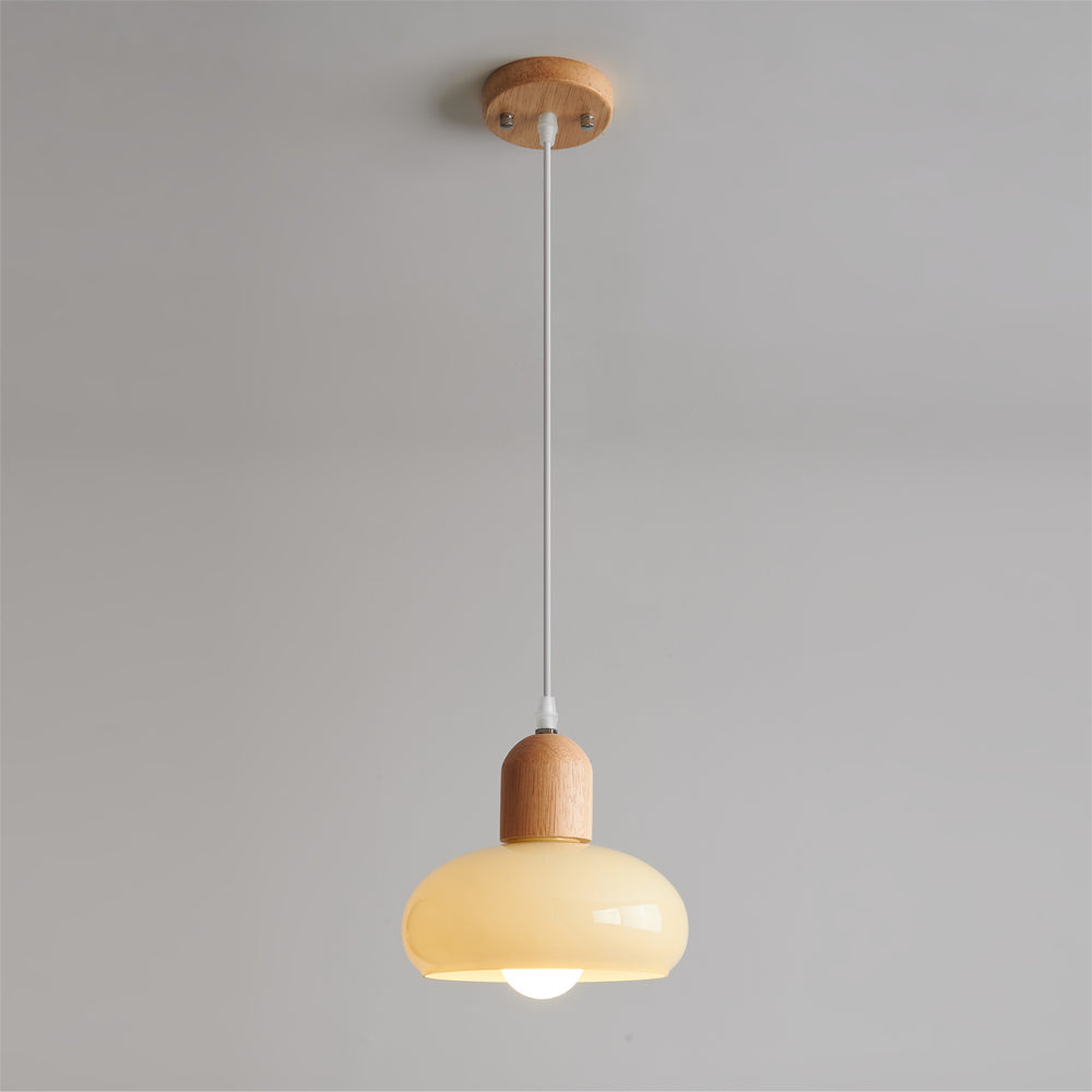 Elegant Mellow Glass Pendant Lamp: Modern Wood Accent Diffused Light Fixture
