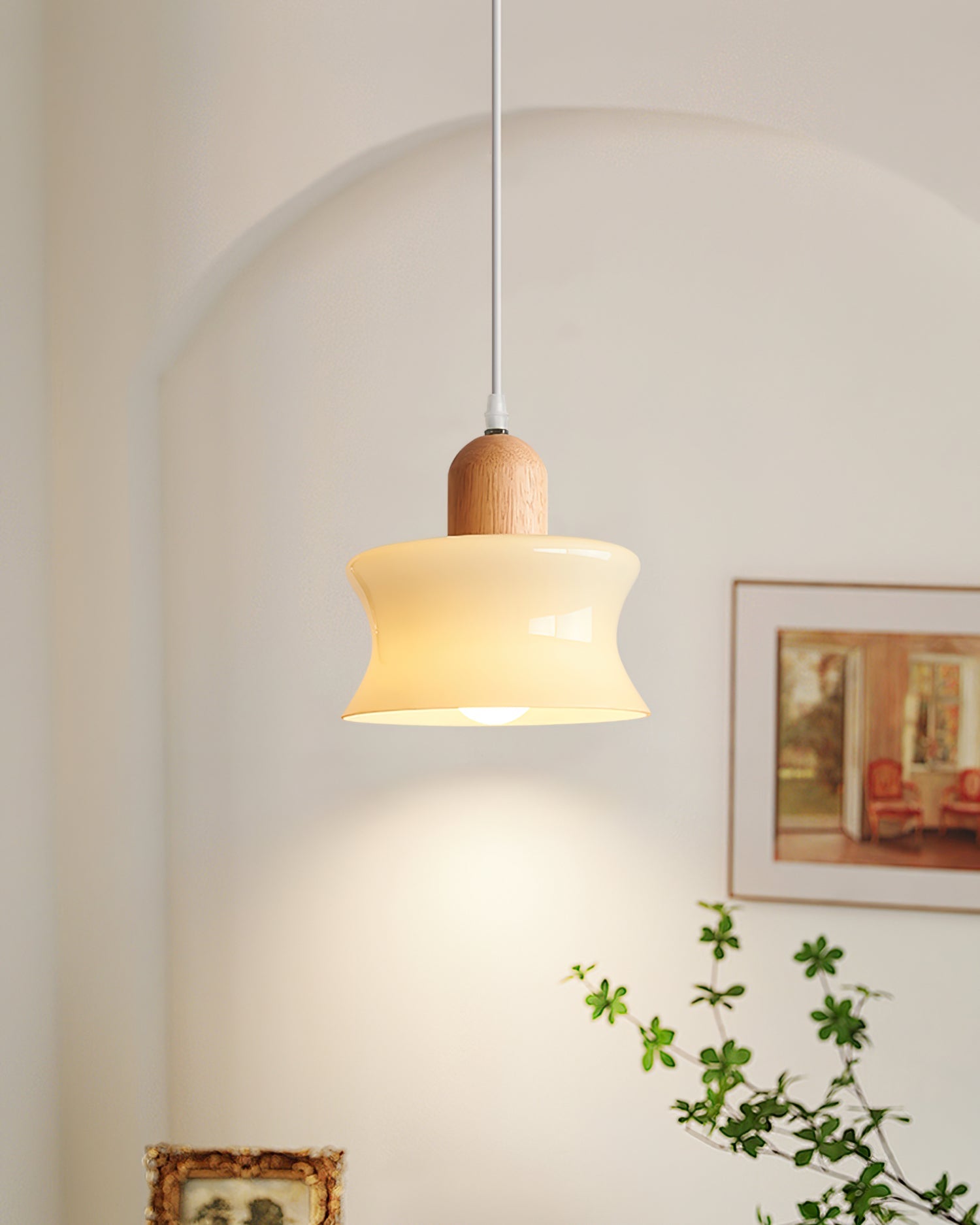 Elegant Mellow Glass Pendant Lamp: Modern Wood Accent Diffused Light Fixture