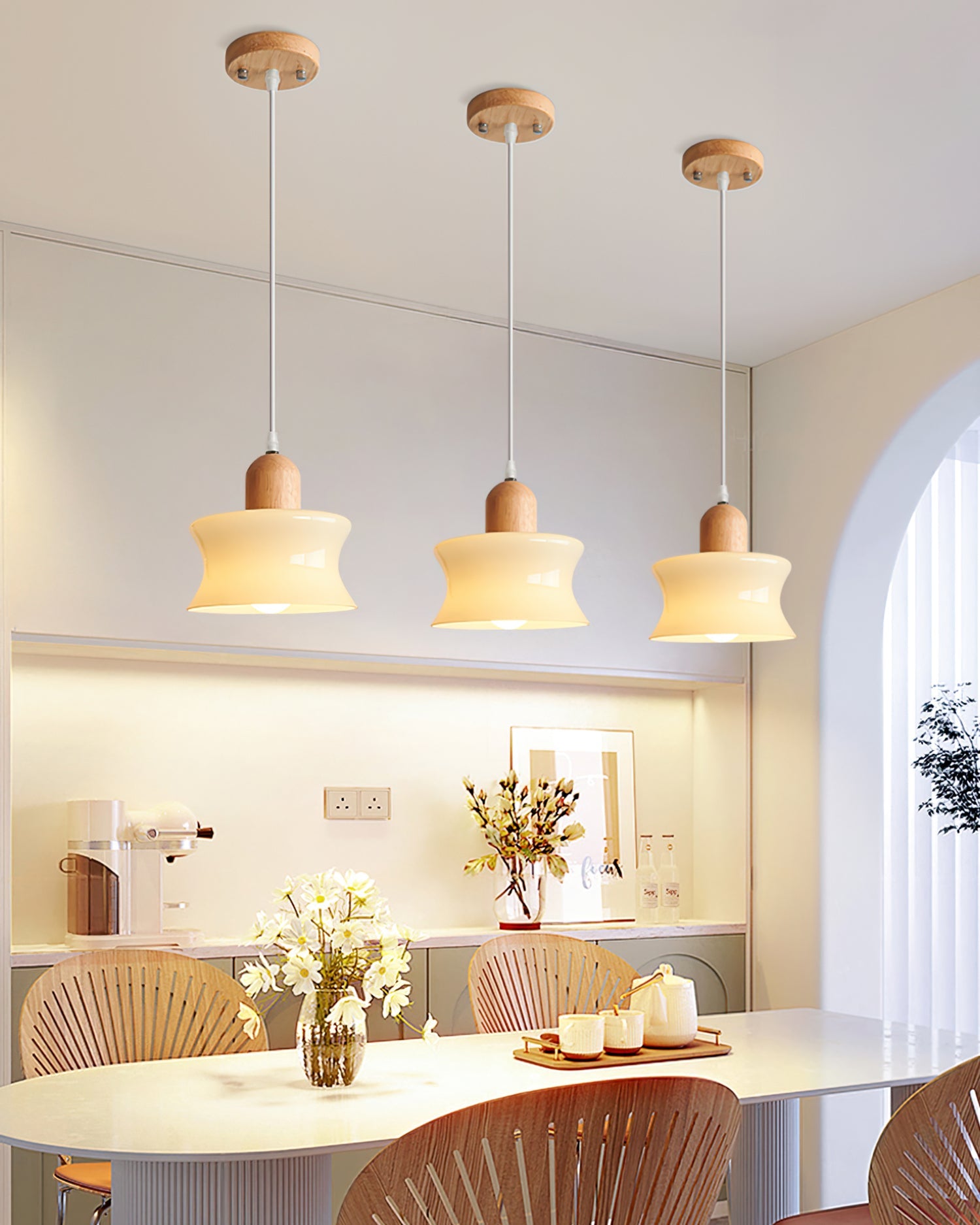 Elegant Mellow Glass Pendant Lamp: Modern Wood Accent Diffused Light Fixture