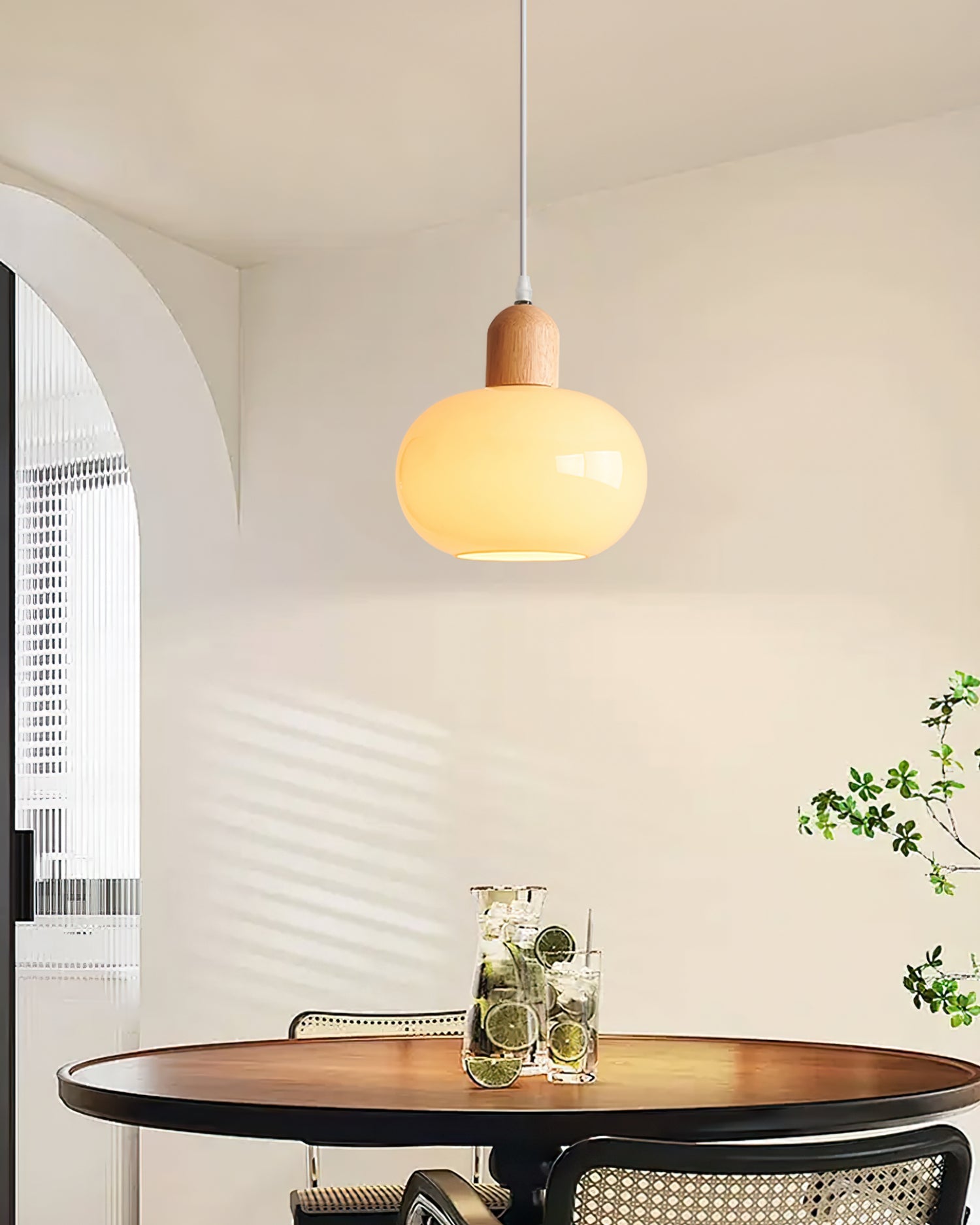 Elegant Mellow Glass Pendant Lamp: Modern Wood Accent Diffused Light Fixture