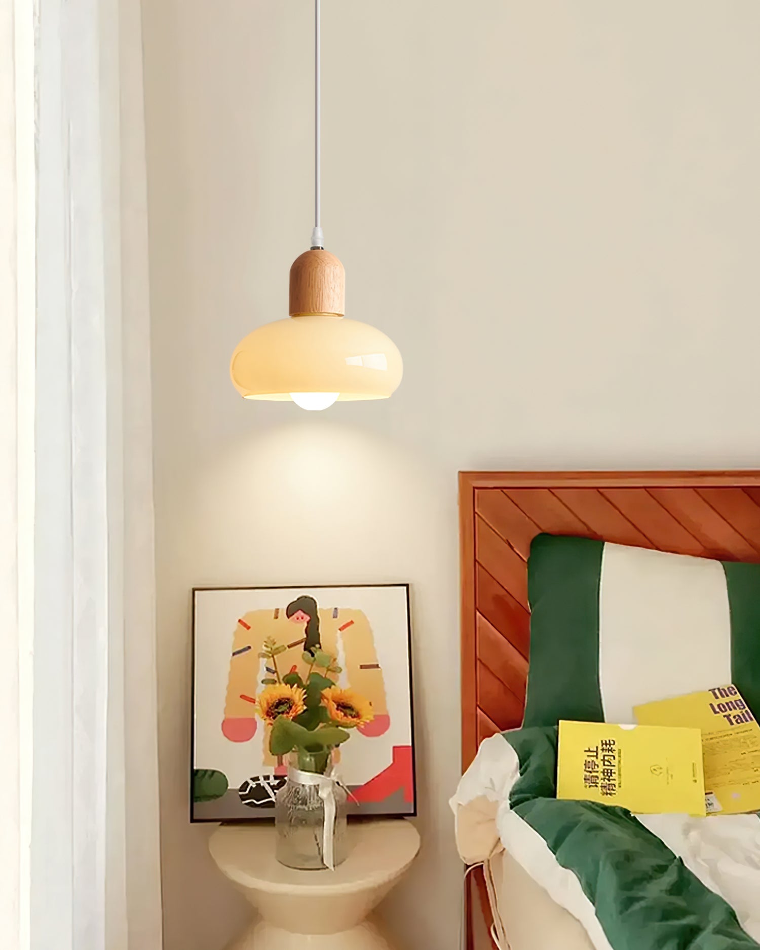 Elegant Mellow Glass Pendant Lamp: Modern Wood Accent Diffused Light Fixture