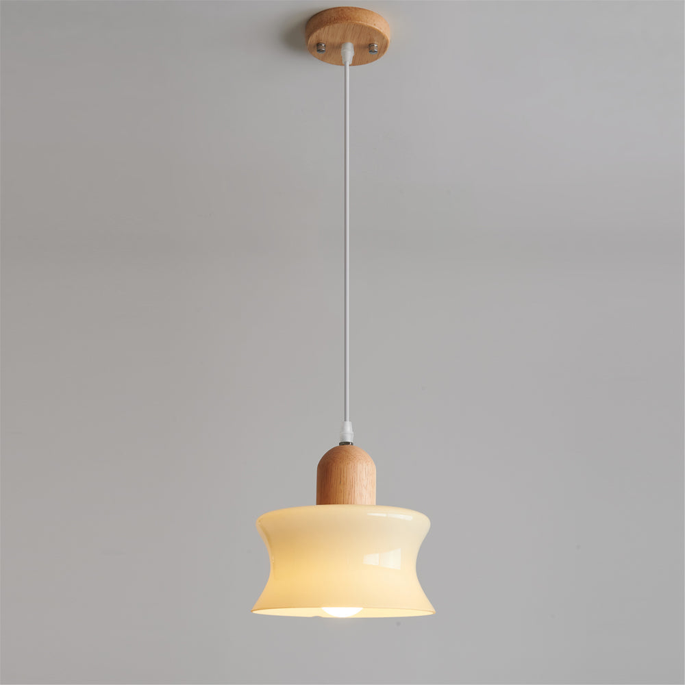 Elegant Mellow Glass Pendant Lamp: Modern Wood Accent Diffused Light Fixture