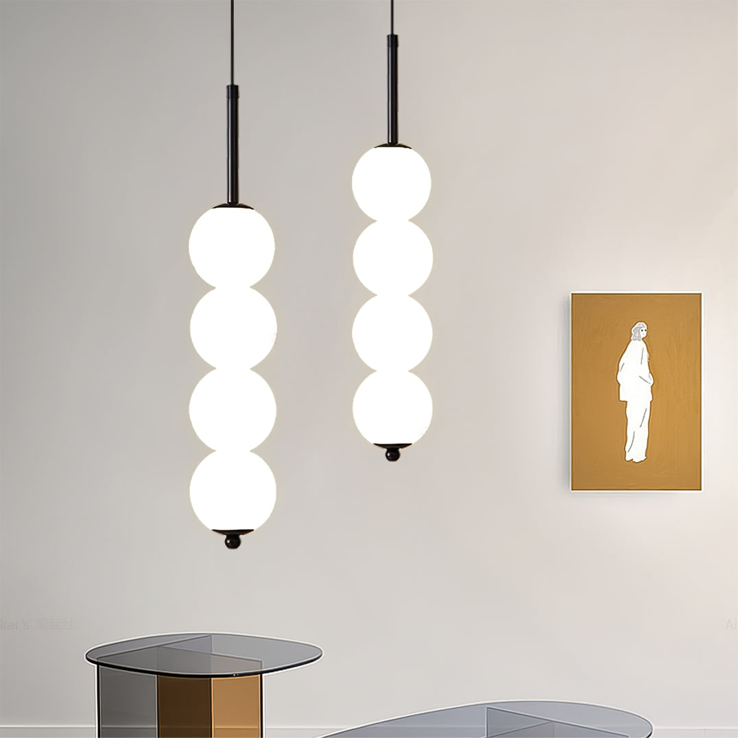 Modern Orbet LED Pendant Lamp with Stacked Milk Glass Orbs & Brass/Black Finish