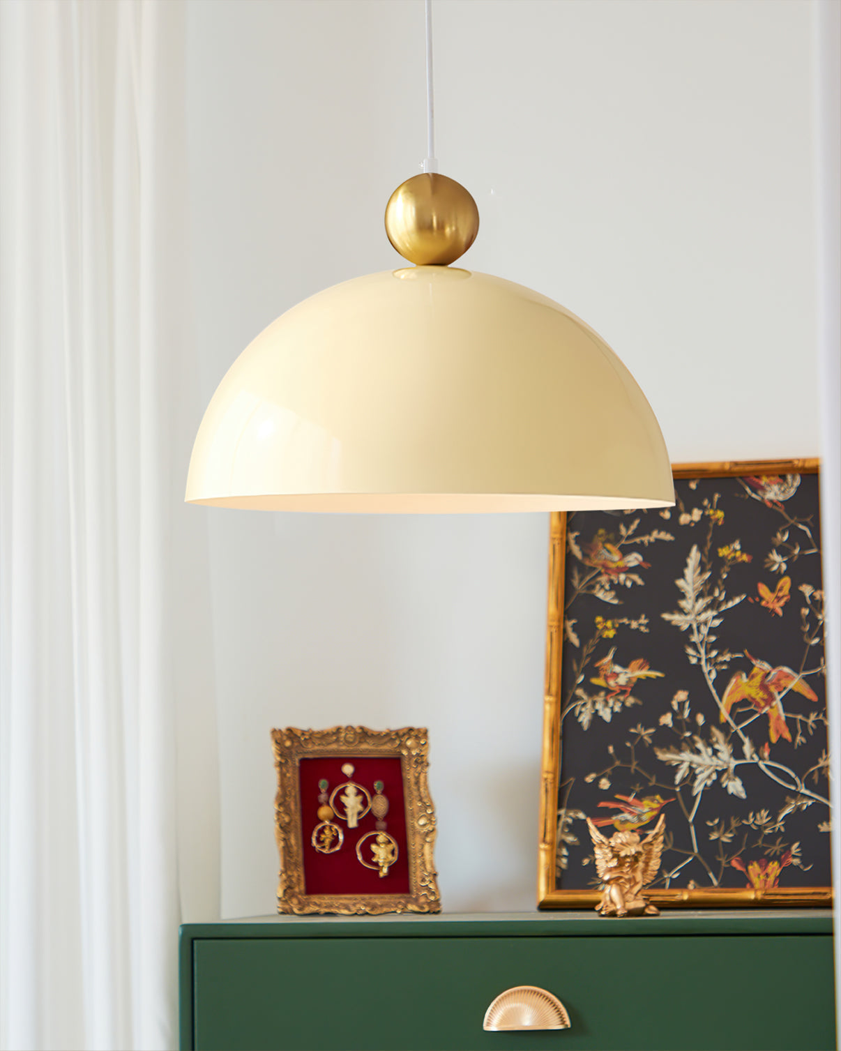 Posa Modern Minimalist Metal Pendant Lamp, Elegant Gold Finish, Colorful Orb Accent