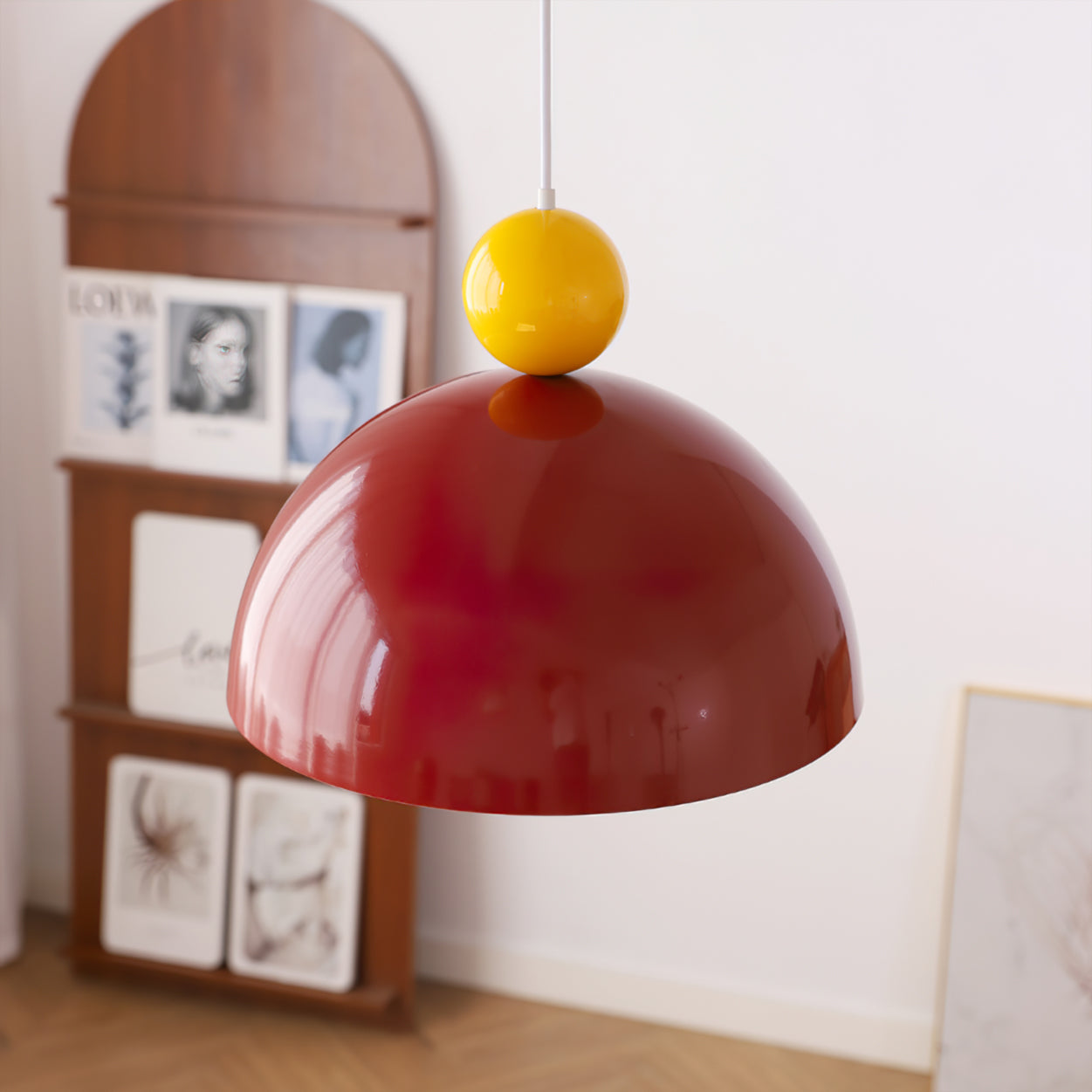 Posa Modern Minimalist Metal Pendant Lamp, Elegant Gold Finish, Colorful Orb Accent