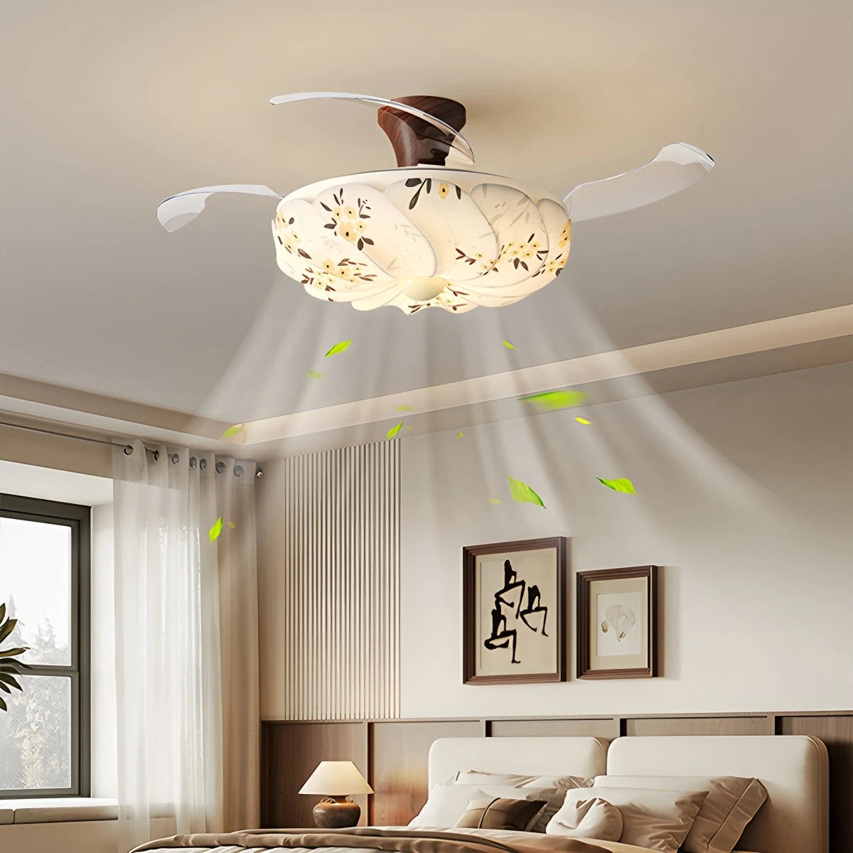 Antizer Floral Fabric Retractable Ceiling Fan Light