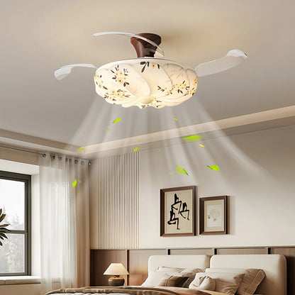 Antizer Floral Fabric Retractable Ceiling Fan Light