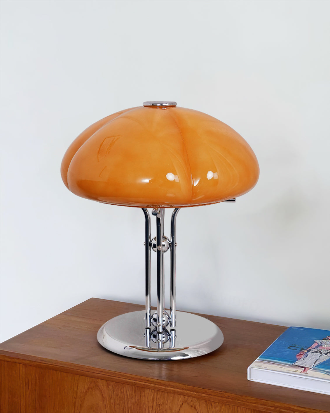 Quadrifoglio Designer Orange Glass Table Lamp with Chrome Base, Mid-Century Modern Accent Light