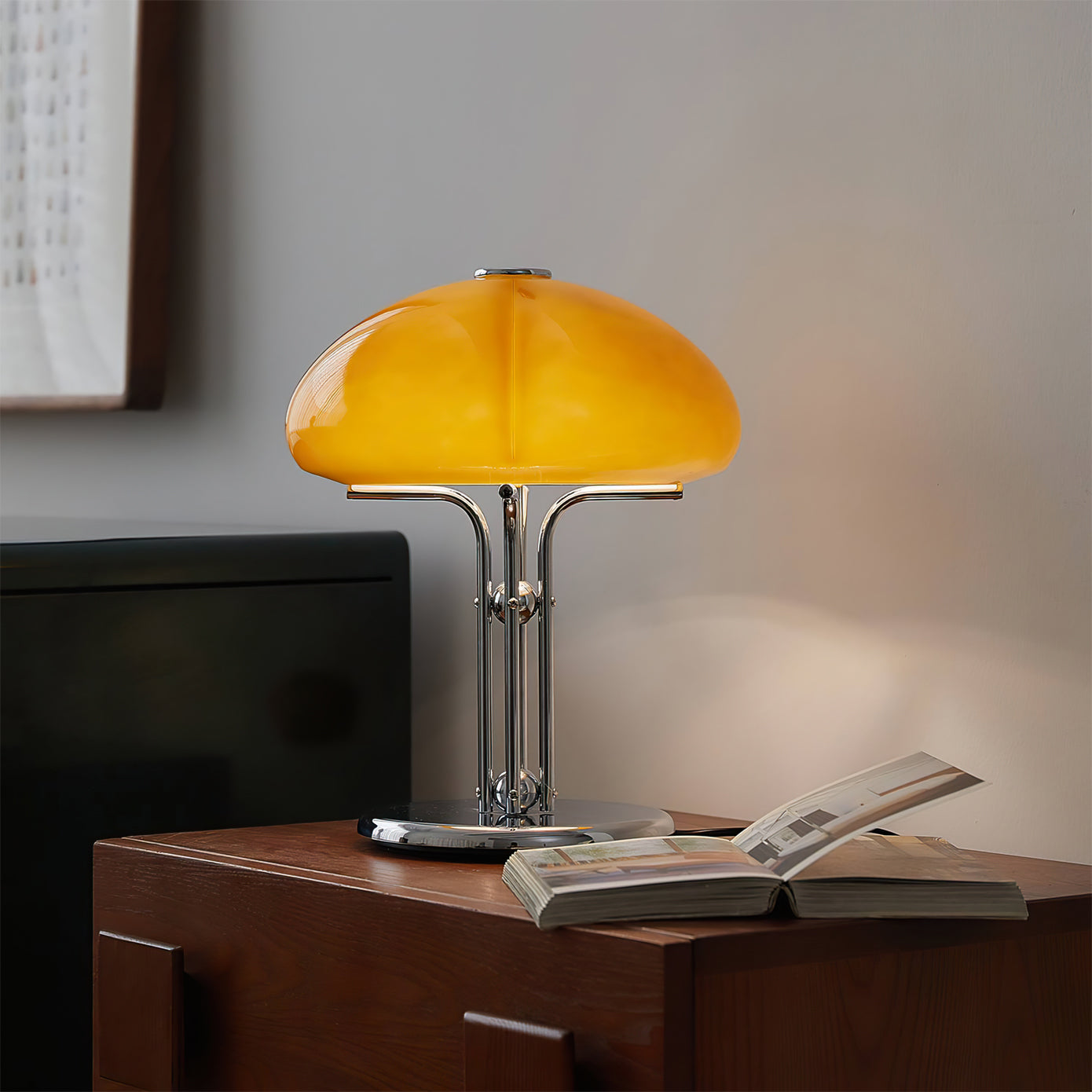 Quadrifoglio Designer Orange Glass Table Lamp with Chrome Base, Mid-Century Modern Accent Light