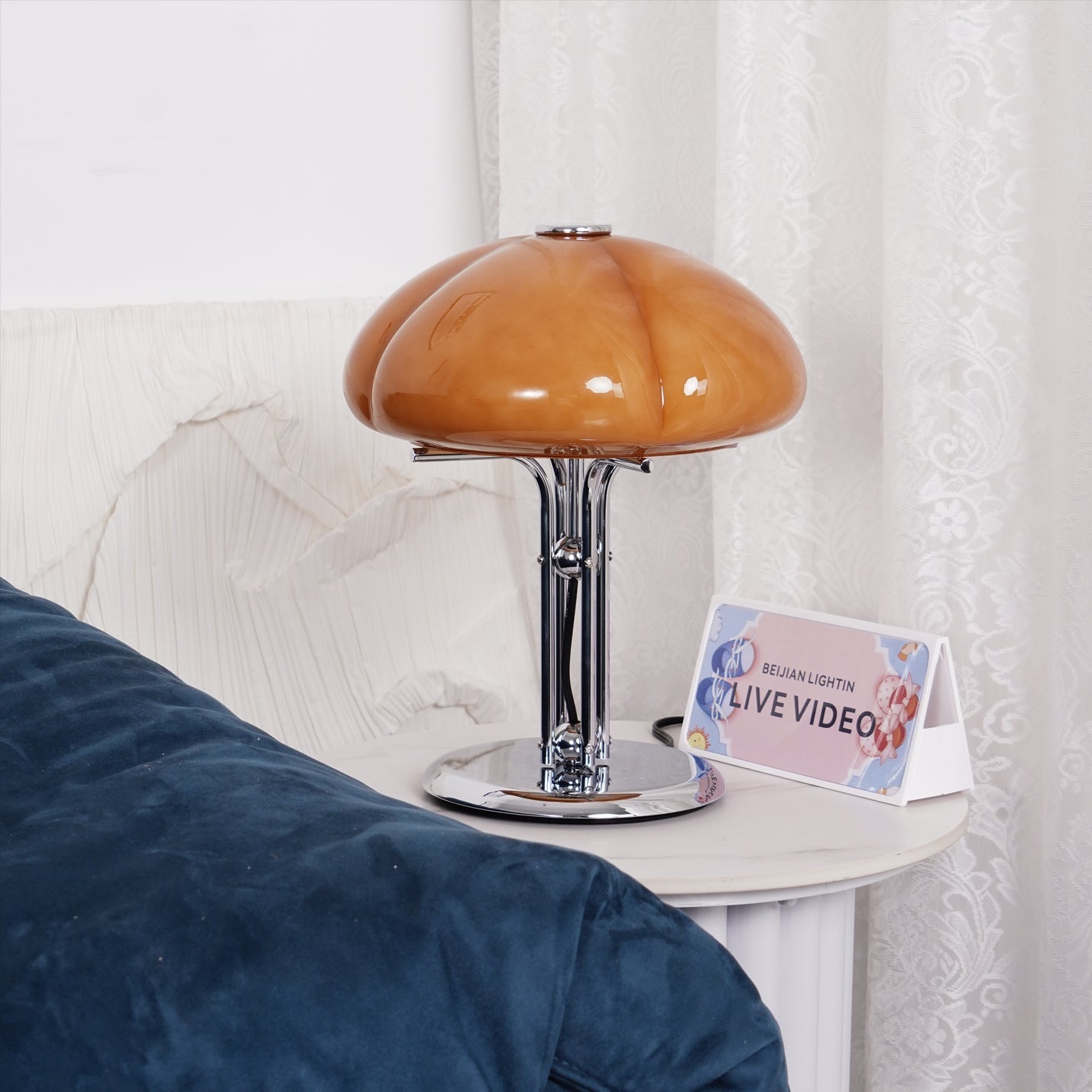 Quadrifoglio Designer Orange Glass Table Lamp with Chrome Base, Mid-Century Modern Accent Light