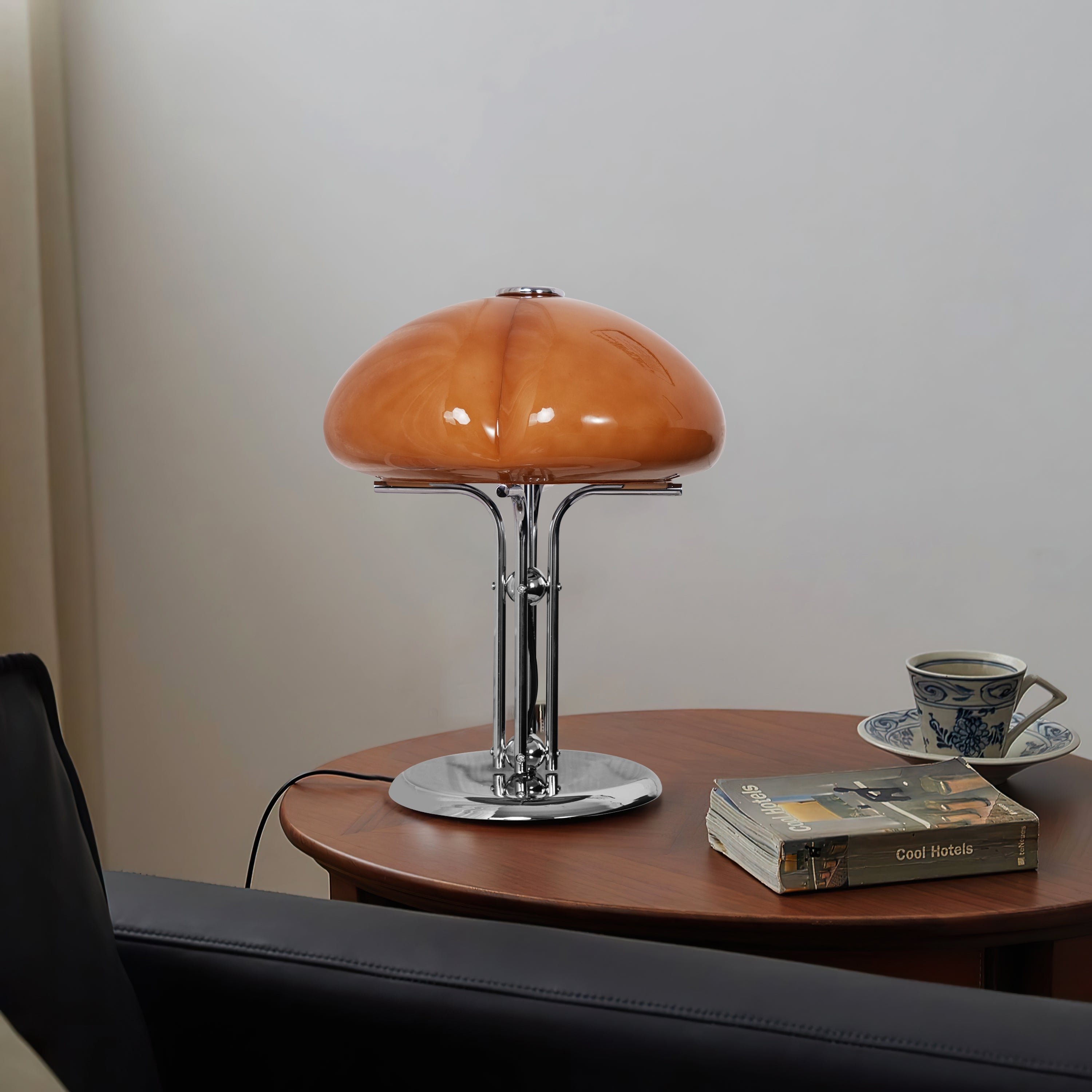 Quadrifoglio Designer Orange Glass Table Lamp with Chrome Base, Mid-Century Modern Accent Light
