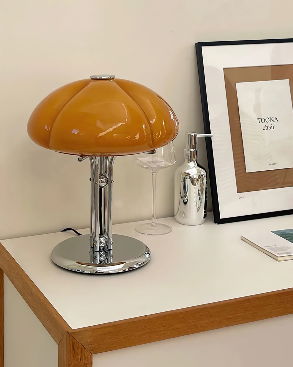 Quadrifoglio Designer Orange Glass Table Lamp with Chrome Base, Mid-Century Modern Accent Light