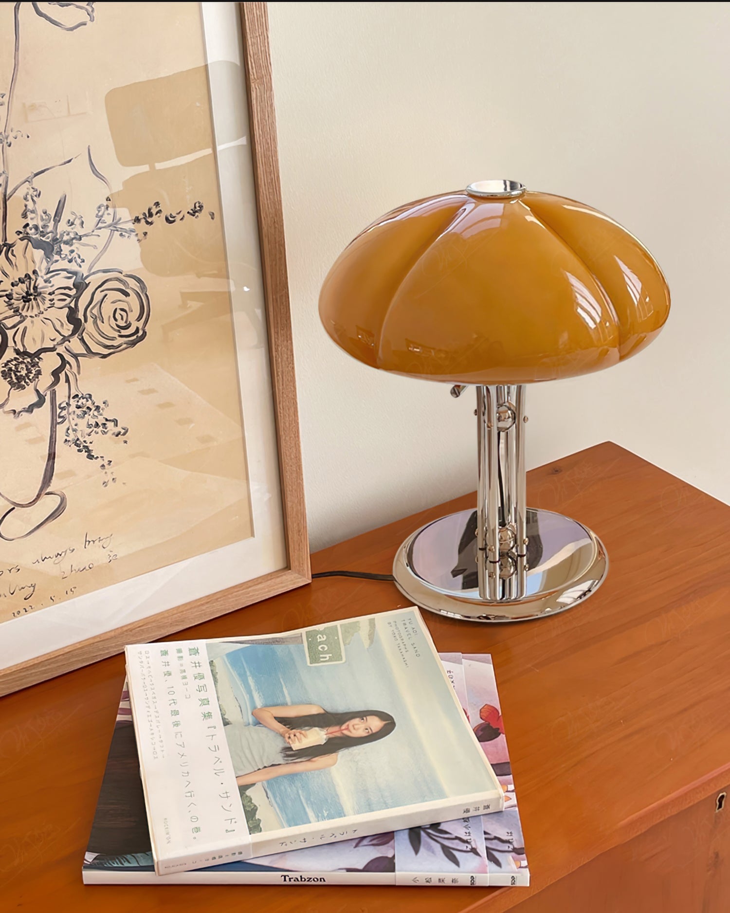 Quadrifoglio Designer Orange Glass Table Lamp with Chrome Base, Mid-Century Modern Accent Light