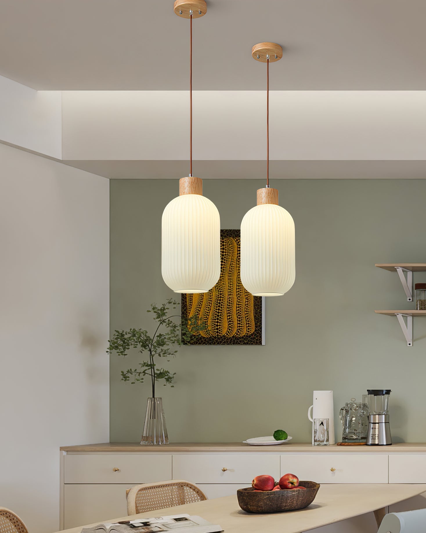 Modern Wood & Glass Rime Pendant Lamp: Acorn Design, Soft Diffused Light