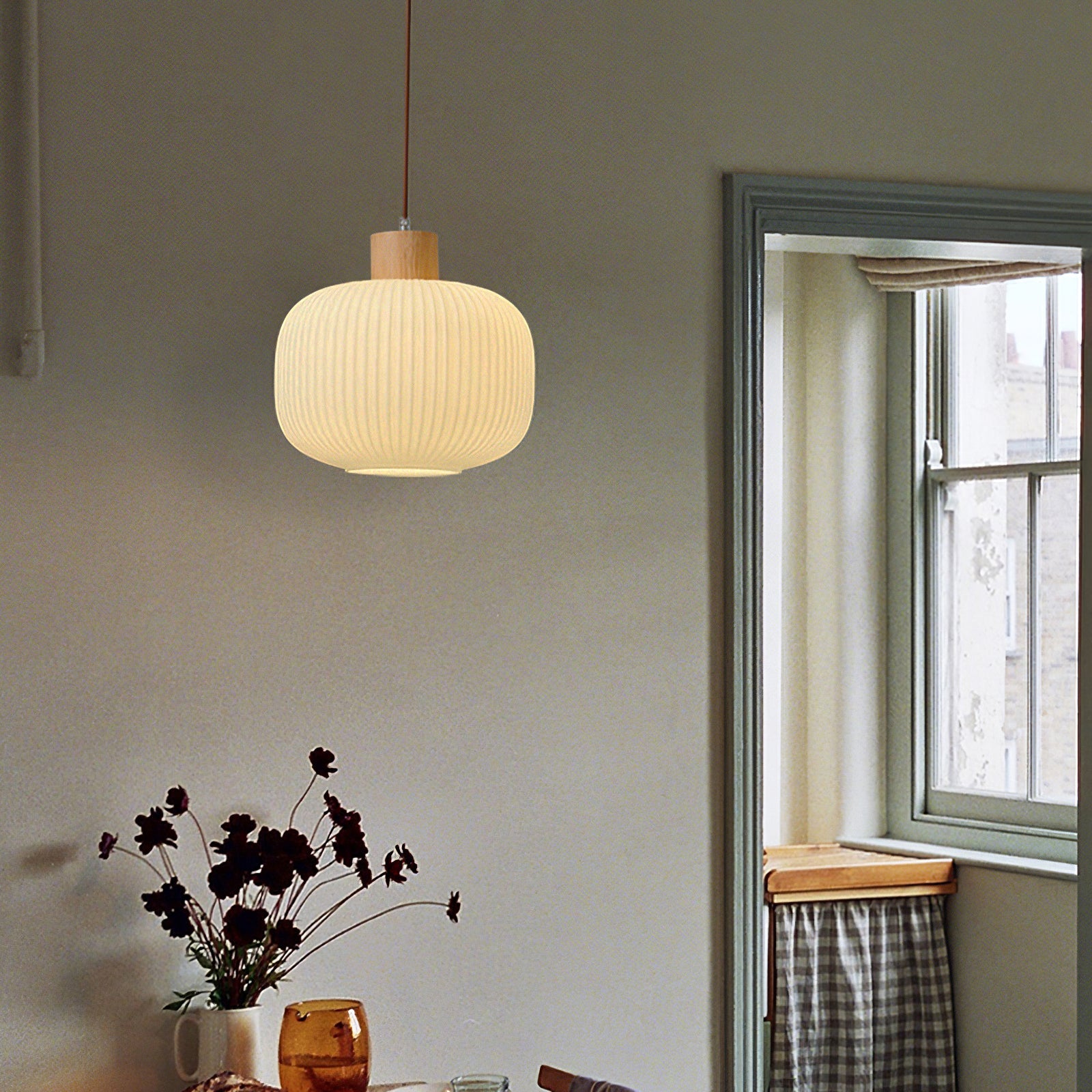 Modern Wood & Glass Rime Pendant Lamp: Acorn Design, Soft Diffused Light