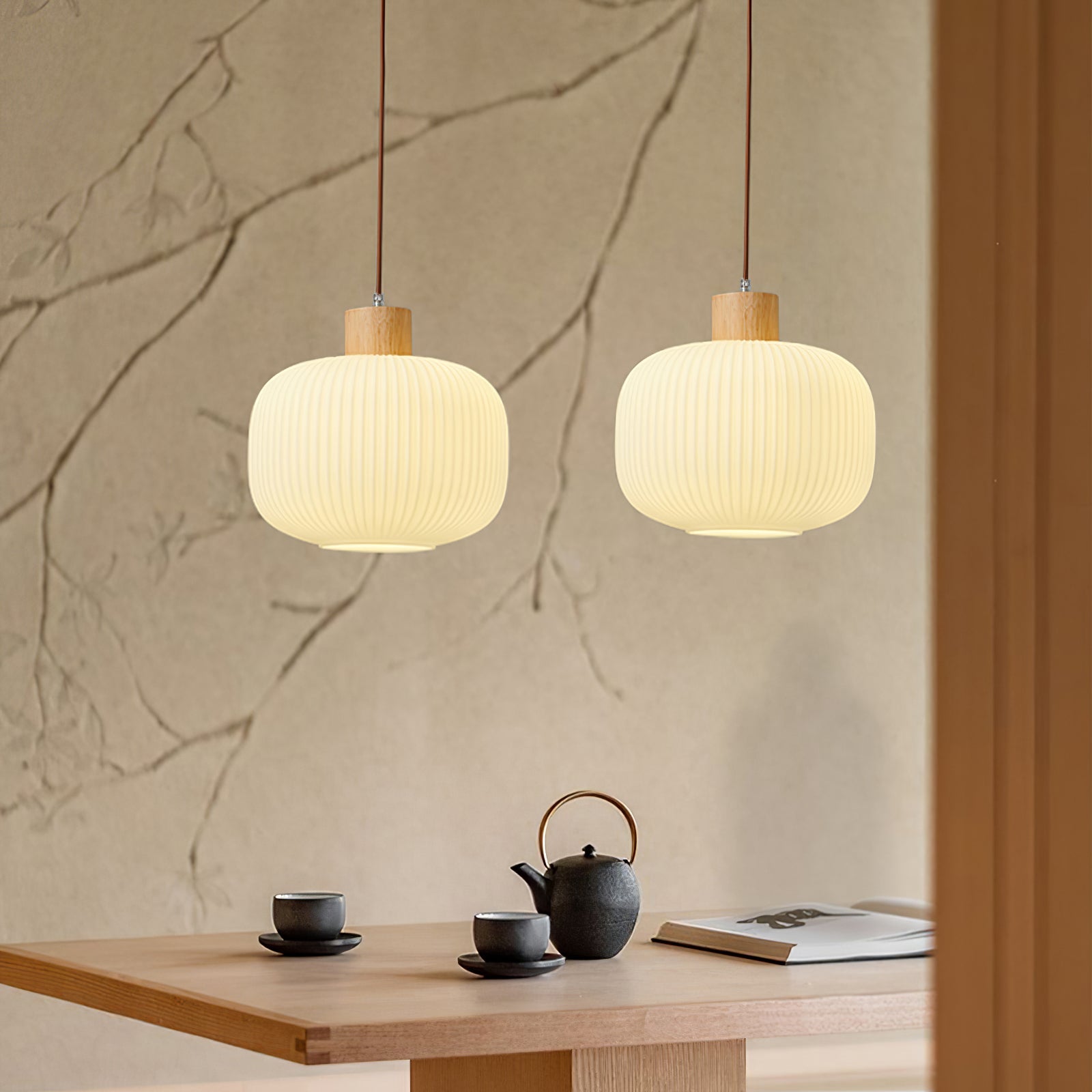 Modern Wood & Glass Rime Pendant Lamp: Acorn Design, Soft Diffused Light