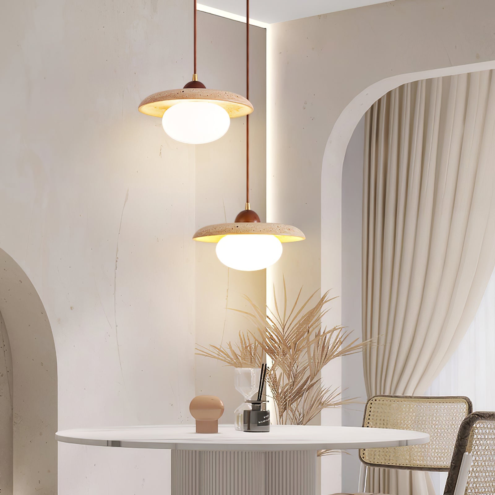 Yellow Travertine Pendant Lamp with Walnut Wood Accents for Modern Interiors