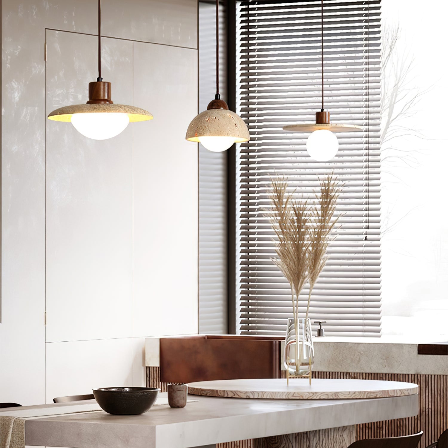 Yellow Travertine Pendant Lamp with Walnut Wood Accents for Modern Interiors