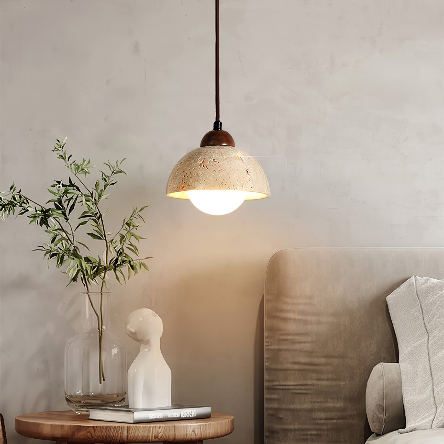 Yellow Travertine Pendant Lamp with Walnut Wood Accents for Modern Interiors