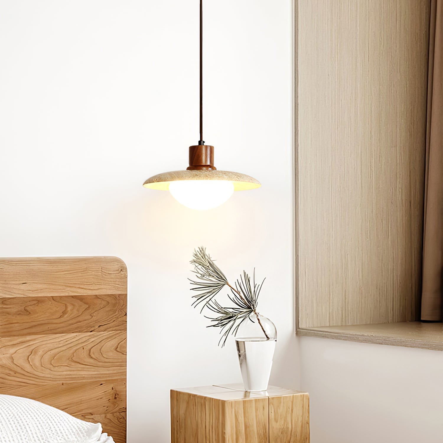 Yellow Travertine Pendant Lamp with Walnut Wood Accents for Modern Interiors