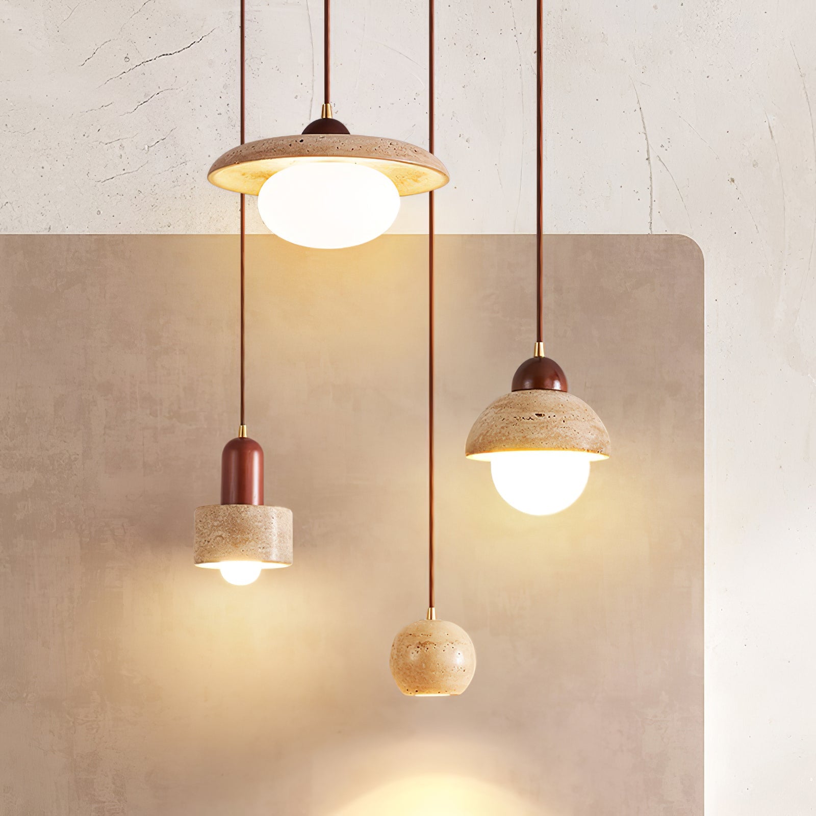 Yellow Travertine Pendant Lamp with Walnut Wood Accents for Modern Interiors
