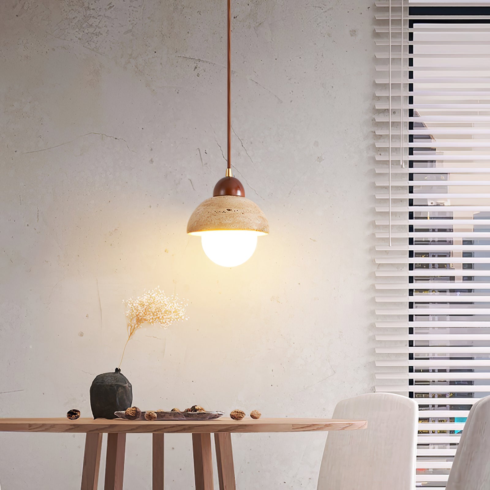 Yellow Travertine Pendant Lamp with Walnut Wood Accents for Modern Interiors