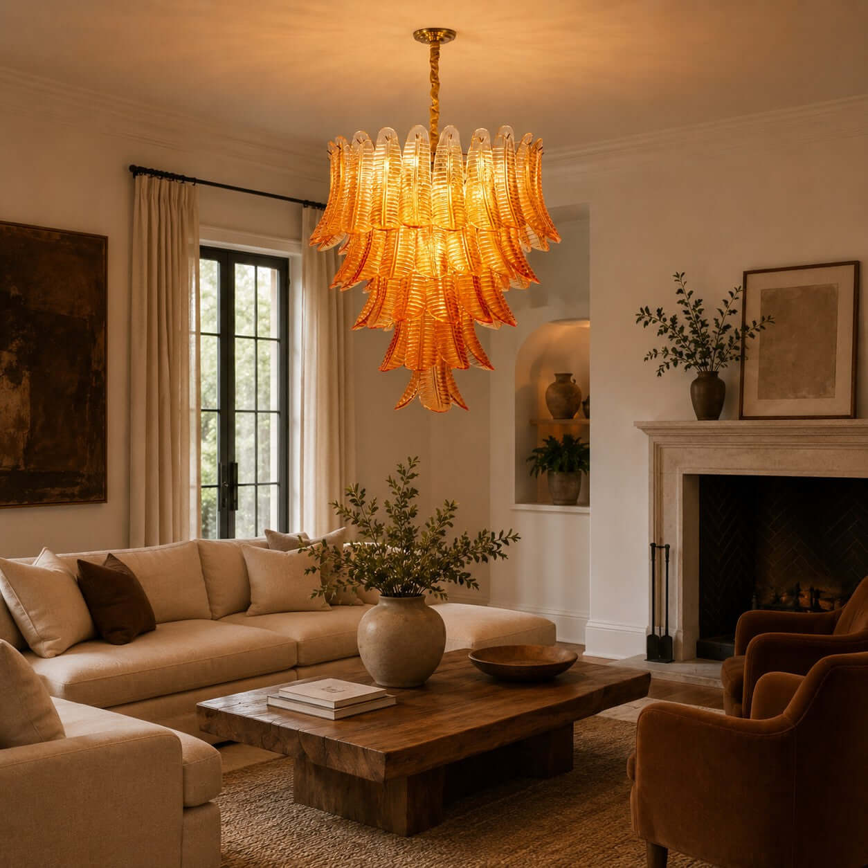 Antizer Murano Layered Amber Glass Leaf Chandelier