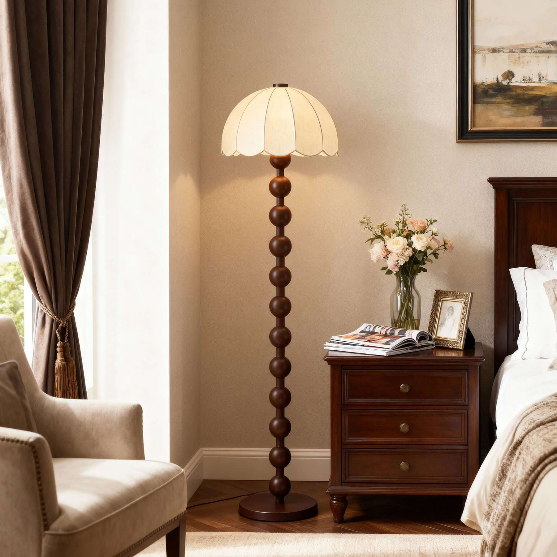 Antizer Scalloped Shade Beaded Column Floor Lamp