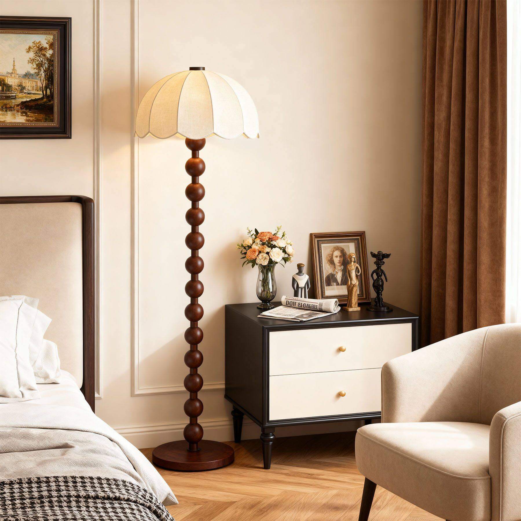 Antizer Scalloped Shade Beaded Column Floor Lamp