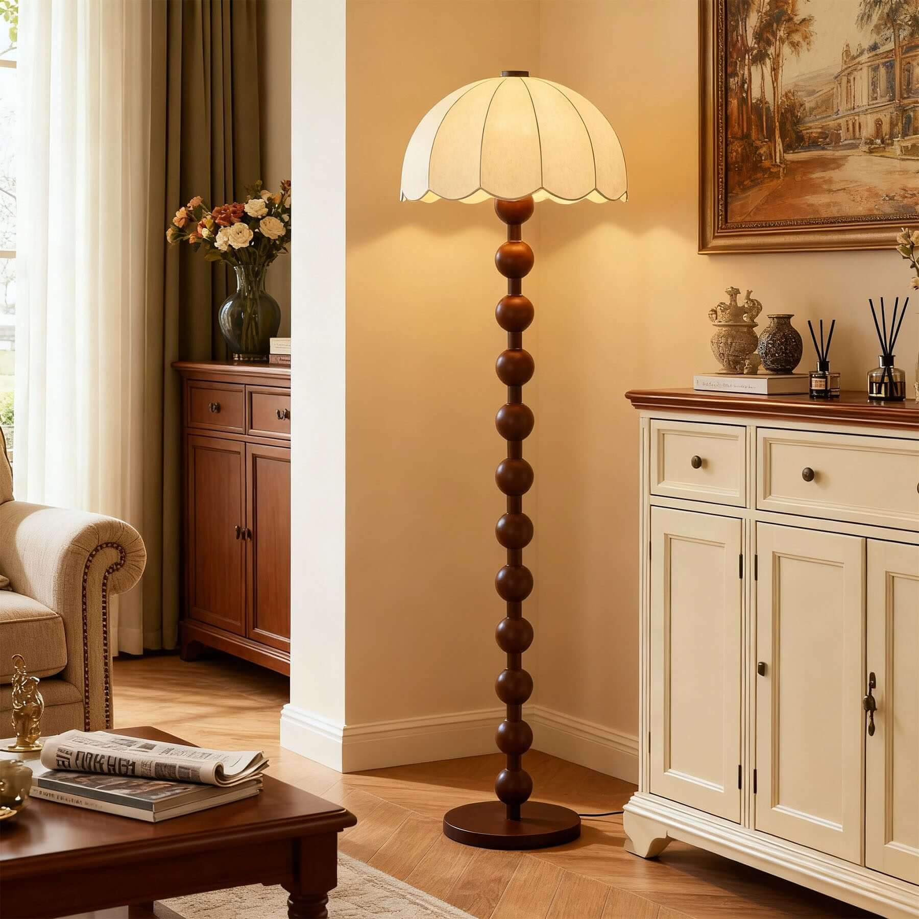 Antizer Scalloped Shade Beaded Column Floor Lamp
